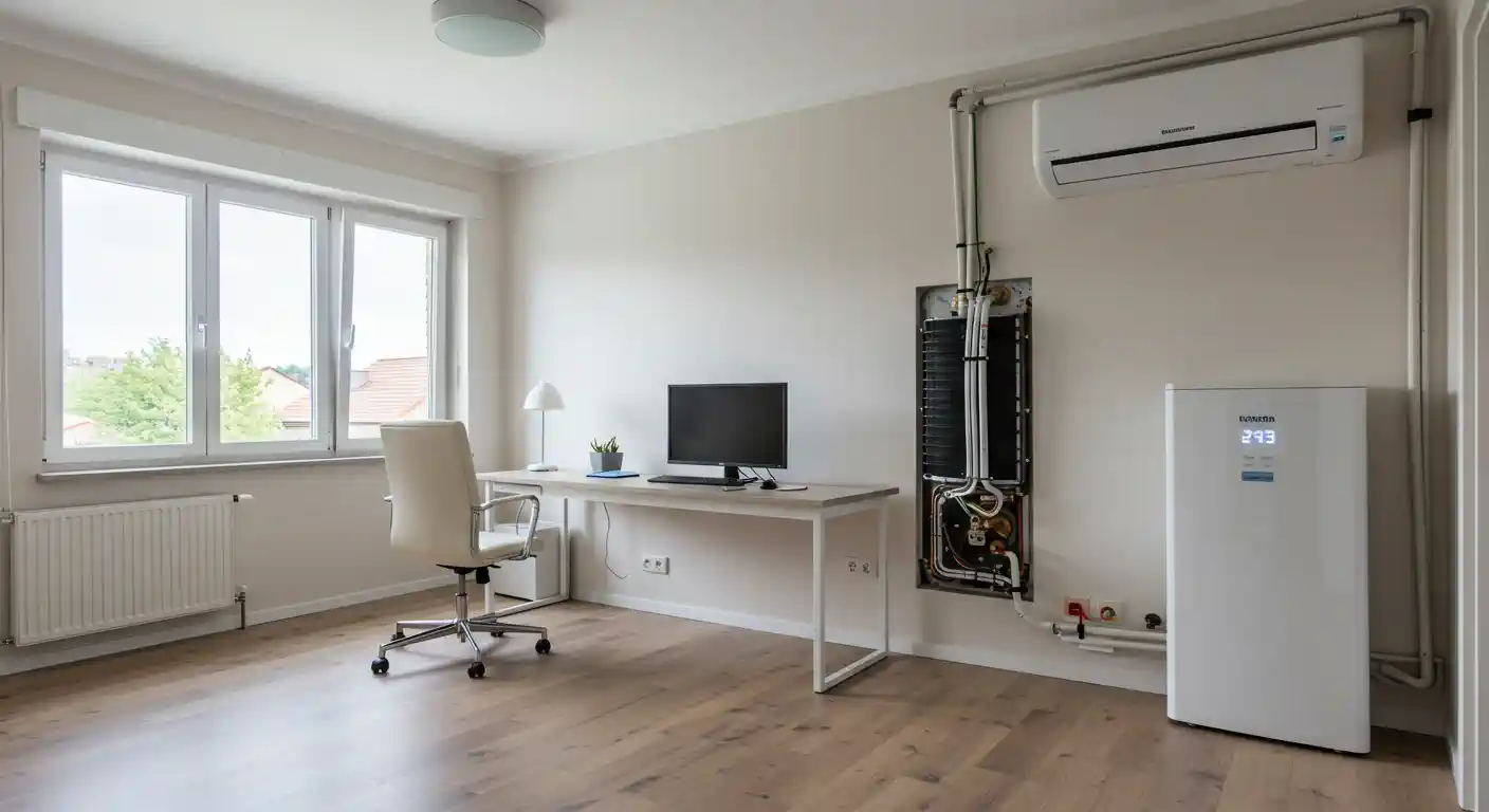 Bright home office with white desk, computer, potted plant, and wall-mounted HVAC system
