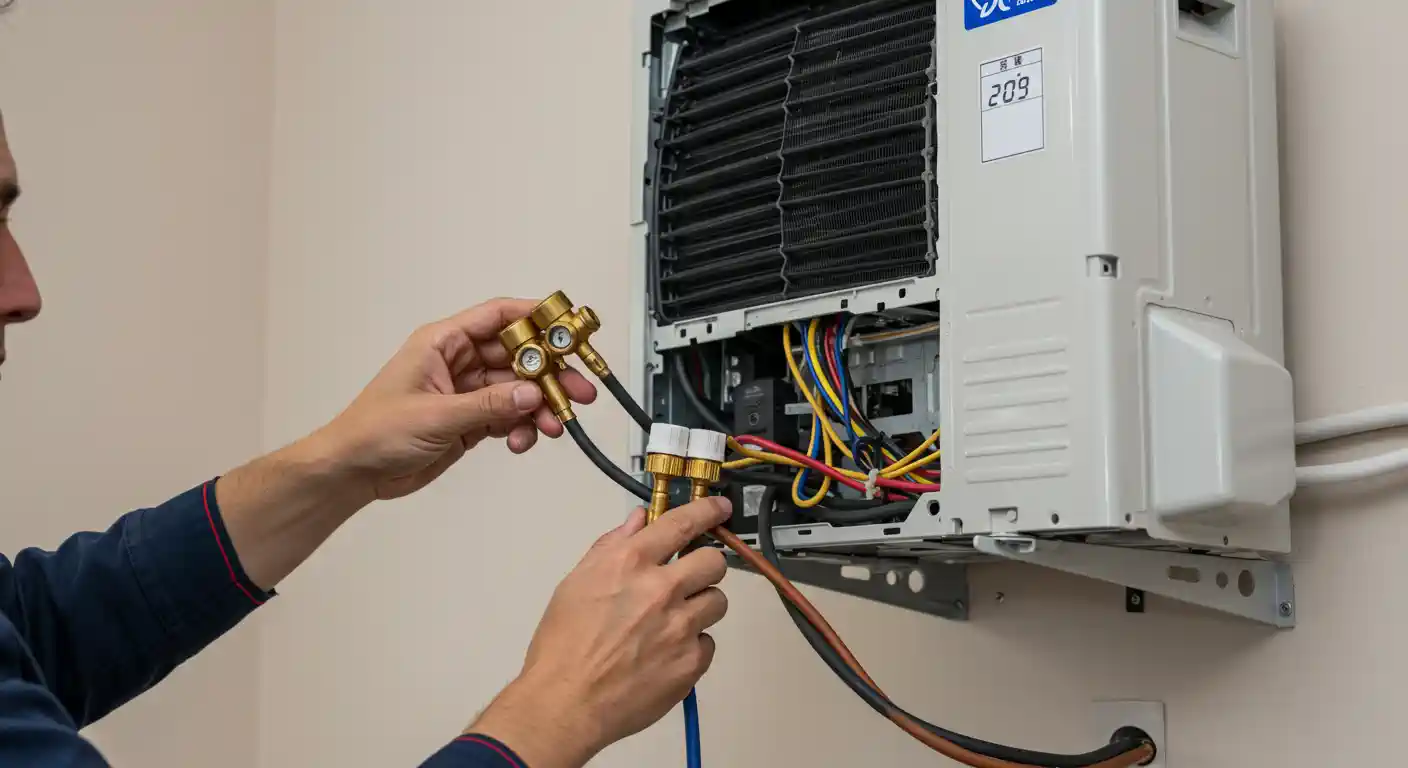 Technician using manifold gauge set to check refrigerant pressure on open wall-mounted air conditioner.