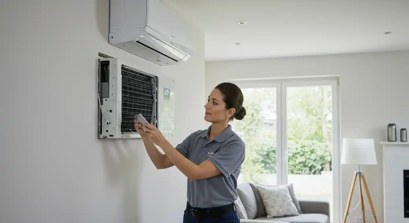 Technician in gray polo inspecting open wall-mounted air conditioner in bright living room with fireplace.