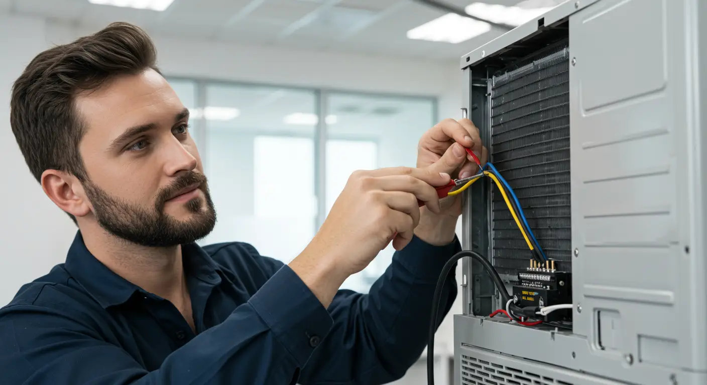 A technician with a beard is focused on connecting or testing yellow and blue wires on the internal components of an air conditioning unit.