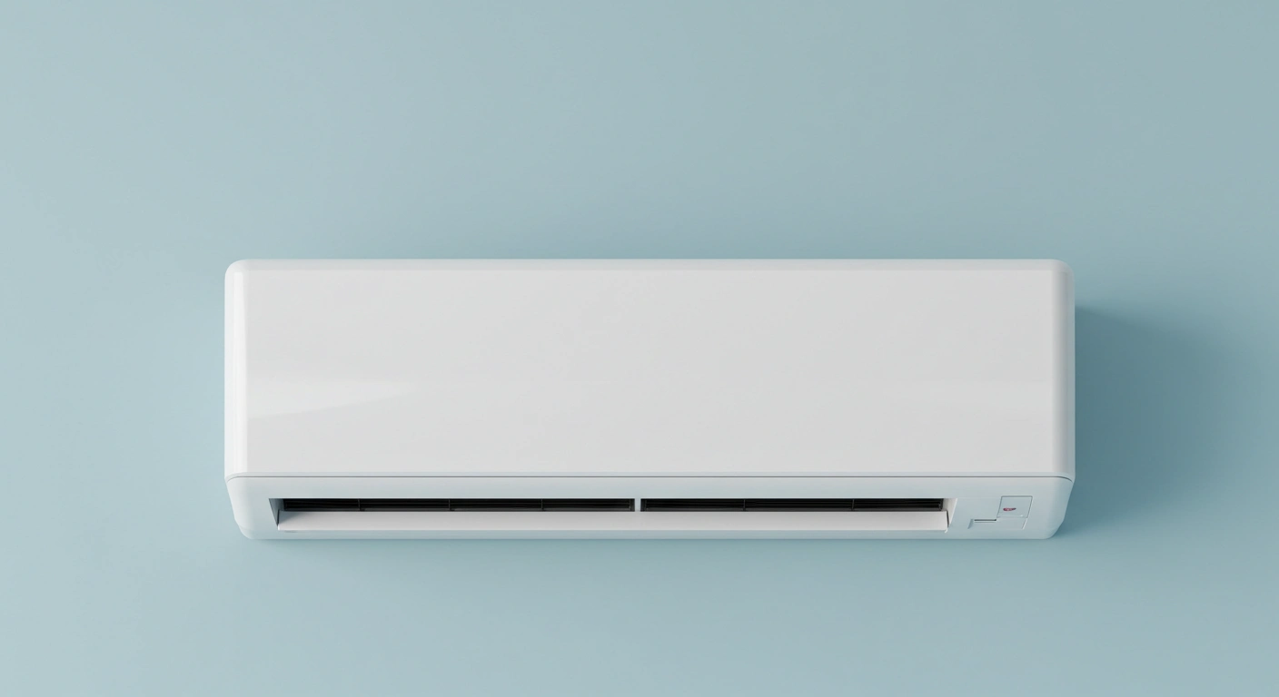 A hand uses a screwdriver to work on the internal components and air filters of an open, white mini-split unit.