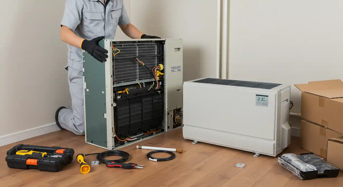 Technician in gray uniform and gloves servicing split-type air conditioner with tools and components on floor.