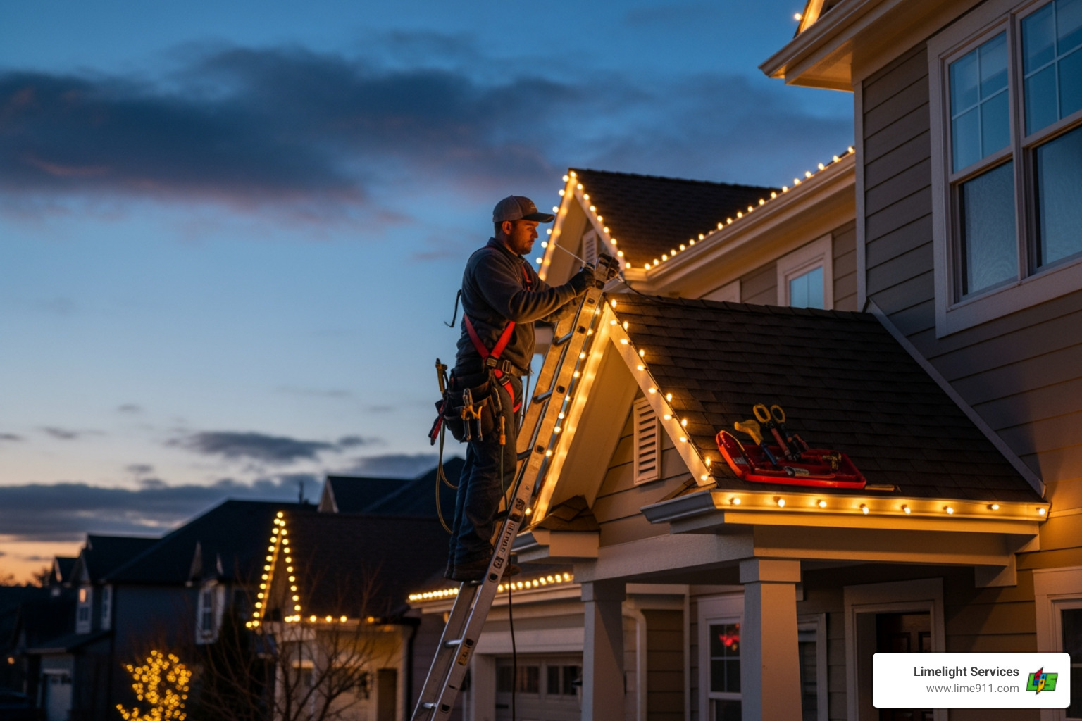 Infographic showing the complete holiday lighting process: 1) Free Consultation & Custom Design using virtual software, 2) Professional Installation by certified technicians with commercial-grade LED lights, 3) Maintenance & Repairs throughout the season, 4) Hassle-Free Removal after holidays, 5) Secure Off-Season Storage. Benefits highlighted include: 80-90% energy savings with LEDs, fully insured service, CLIPA-certified installers, and no ladder climbing required for homeowners. - holiday lighting johnstown co