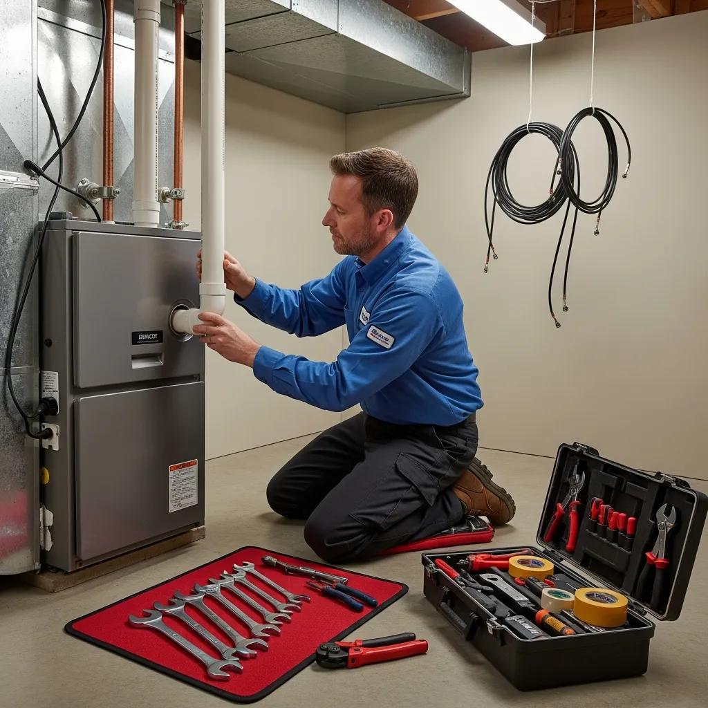 HVAC technician professionally installing an energy-efficient furnace in a home