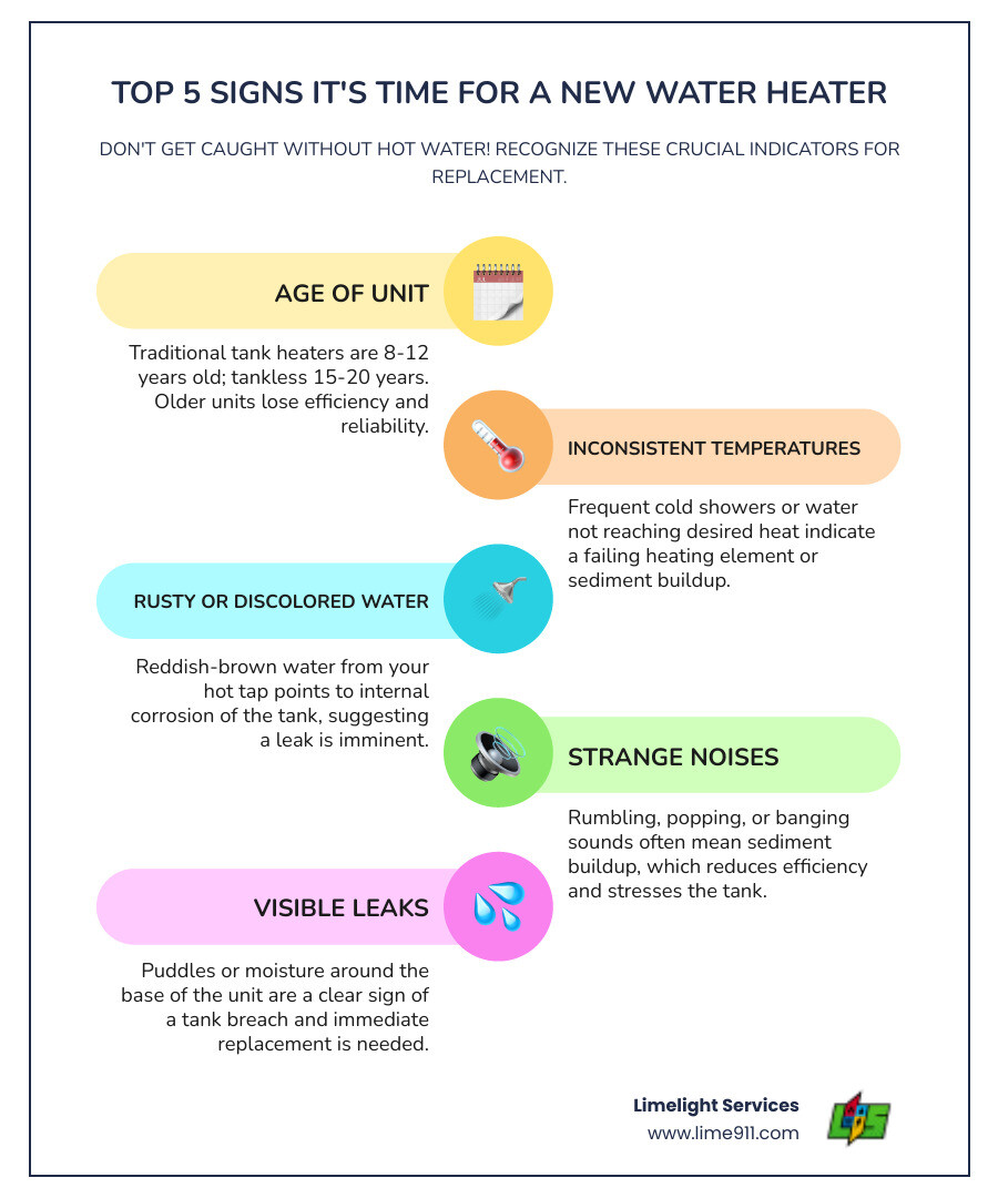Infographic showing the top 5 signs it's time for a new water heater: unit is 8-12 years old, inconsistent water temperature, rusty or discolored water, strange rumbling or popping noises, and visible leaks or pooling water around the base - water heater installation fort collins co infographic infographic-line-5-steps-colors