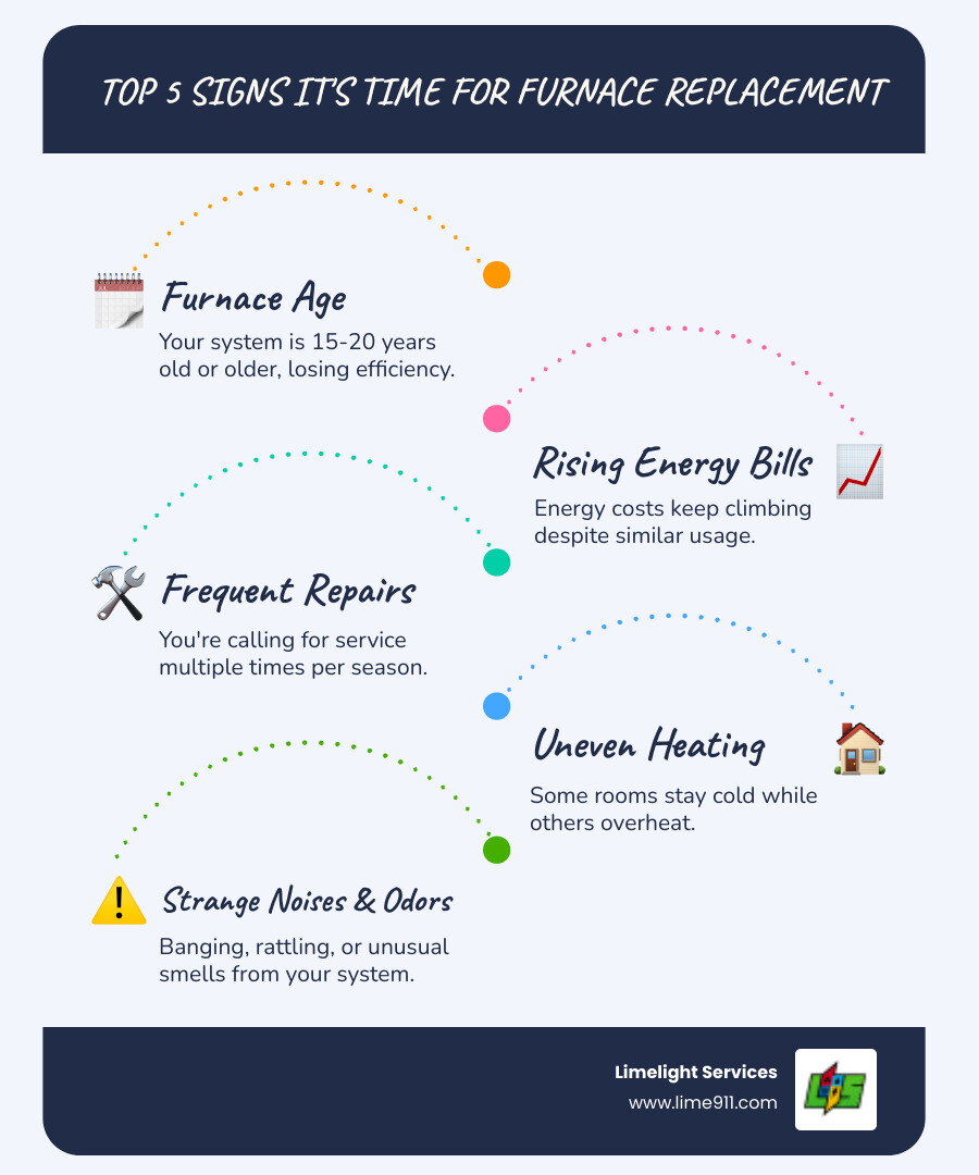 Infographic showing five key signs for furnace replacement: furnace age over 15 years with a calendar icon, rising energy bills with an upward trending graph, frequent repair needs with a wrench and exclamation mark, uneven heating zones in a house floor plan, and safety warning symbols for strange noises and odors - heating replacement fort collins co infographic infographic-line-5-steps-blues-accent_colors