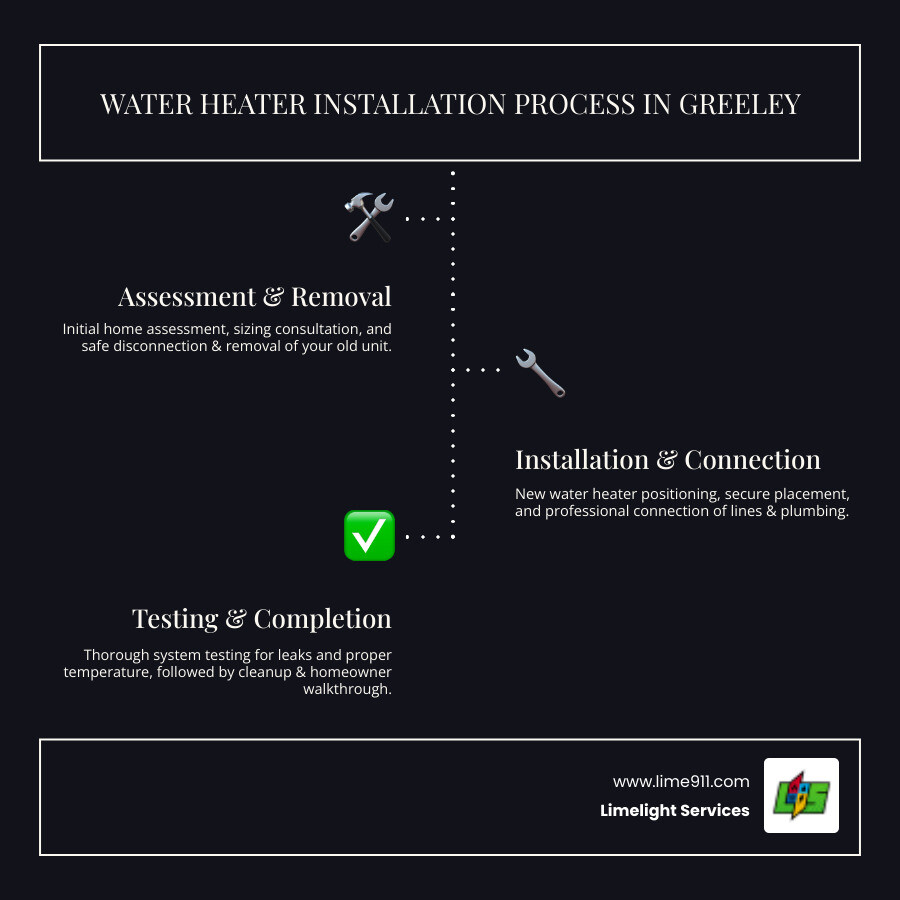 Infographic showing the water heater installation process in Greeley: 1. Initial home assessment and sizing consultation, 2. Safe disconnection and removal of old water heater unit, 3. New water heater positioning and secure placement, 4. Professional connection of gas/electric lines and plumbing, 5. System testing for leaks and proper temperature, 6. Final cleanup and homeowner walkthrough - water heater installation greeley co infographic infographic-line-3-steps-dark Infographic showing the water heater installation process in Greeley: 1. Initial home assessment and sizing consultation, 2. Safe disconnection and removal of old water heater unit, 3. New water heater positioning and secure placement, 4. Professional connection of gas/electric lines and plumbing, 5. System testing for leaks and proper temperature, 6. Final cleanup and homeowner walkthrough - water heater installation greeley co infographic infographic-line-3-steps-dark