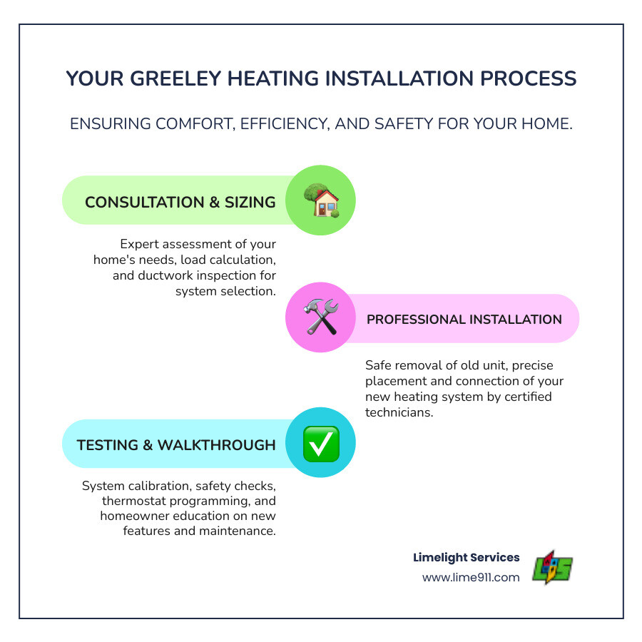 Infographic showing the heating installation process: home assessment and system sizing, safe removal and professional installation, final testing and homeowner education, with icons for energy efficiency, comfort, and reliability - heating installation greeley co infographic infographic-line-3-steps-colors