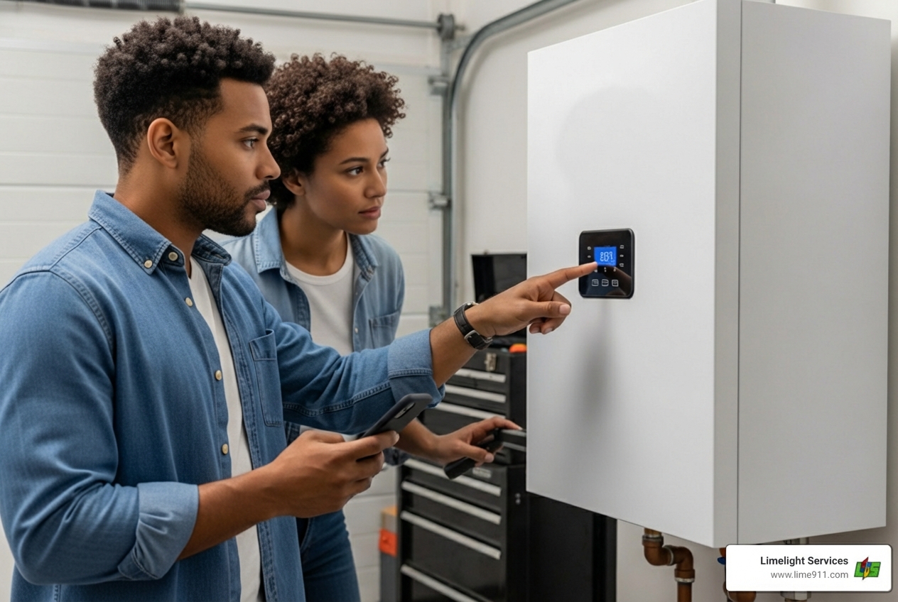 Infographic showing immediate steps during a tankless water heater emergency: 1. Check display for error codes, 2. Verify power and gas supply are on, 3. If you smell gas evacuate and call 911, 4. Shut off water supply if leaking, 5. Turn off power to the unit, 6. Call professional emergency service, 7. Do not attempt DIY repairs on gas or electrical components - emergency tankless water heaters in fort collins, co