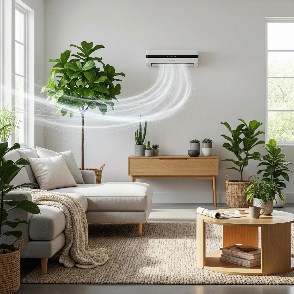Whole-home air purifier in a bright living room enhancing indoor air quality