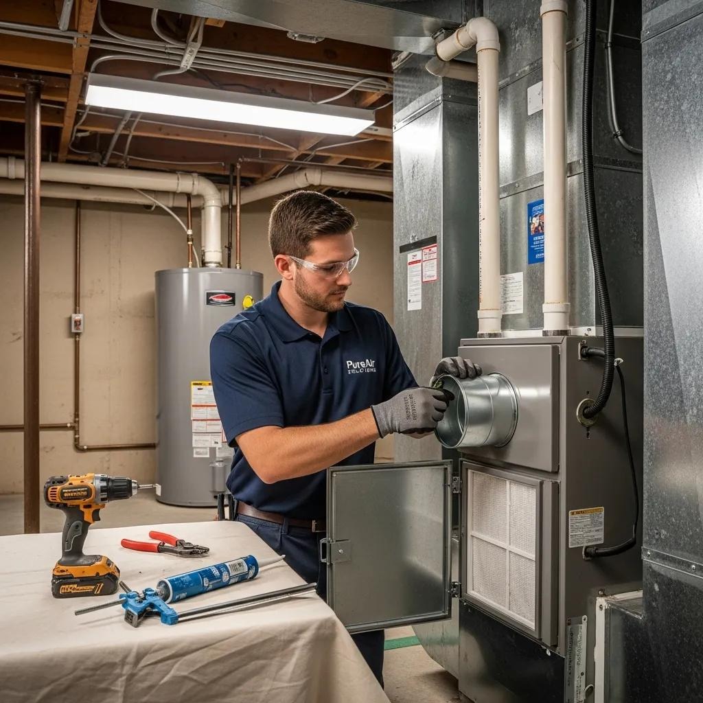 Technician installing a whole-home air purifier in an HVAC system