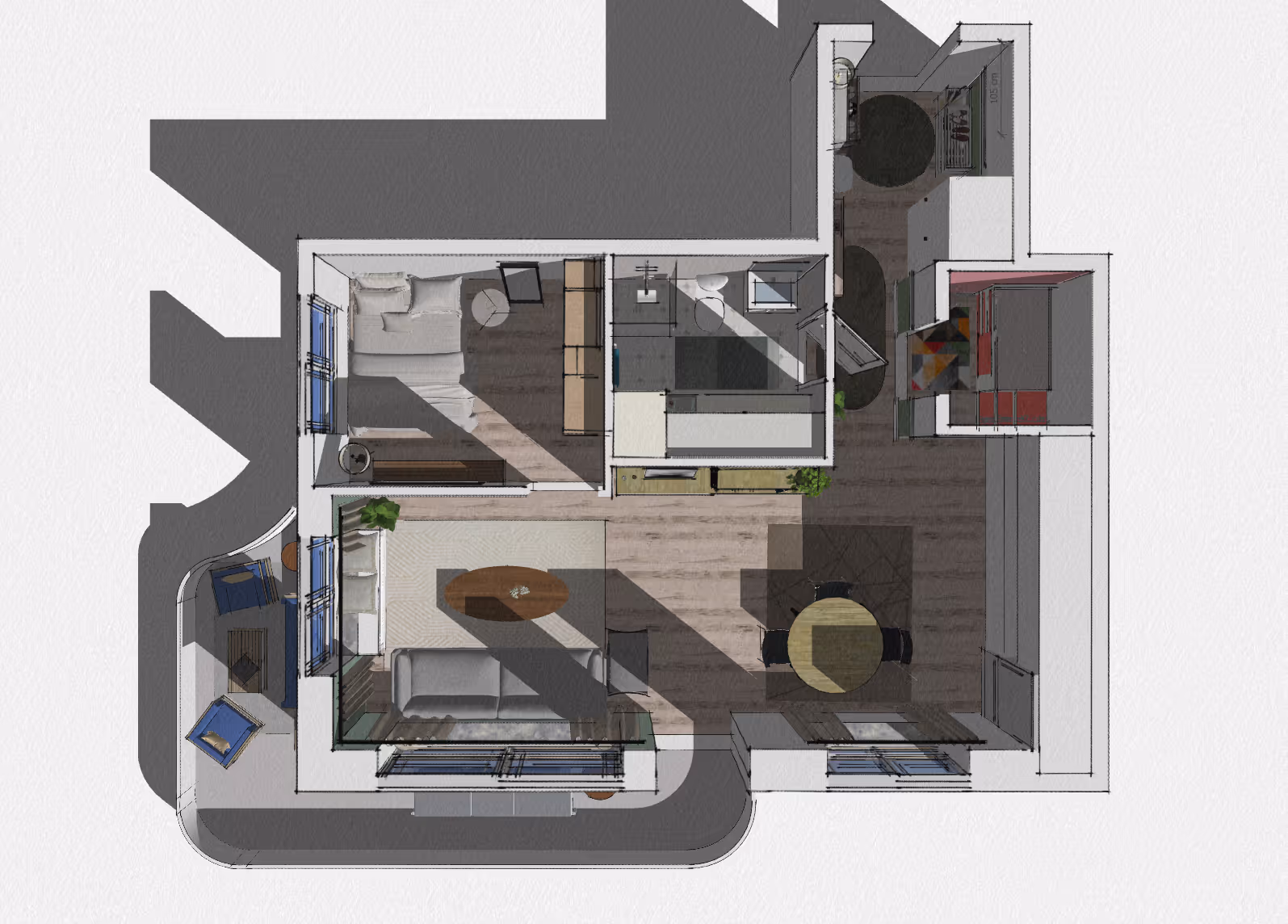 Top-down view of a one-bedroom apartment floor plan featuring a living room with sofas and coffee table, bedroom with bed and side table, bathroom, kitchen with dining area, and a small balcony with chairs.
