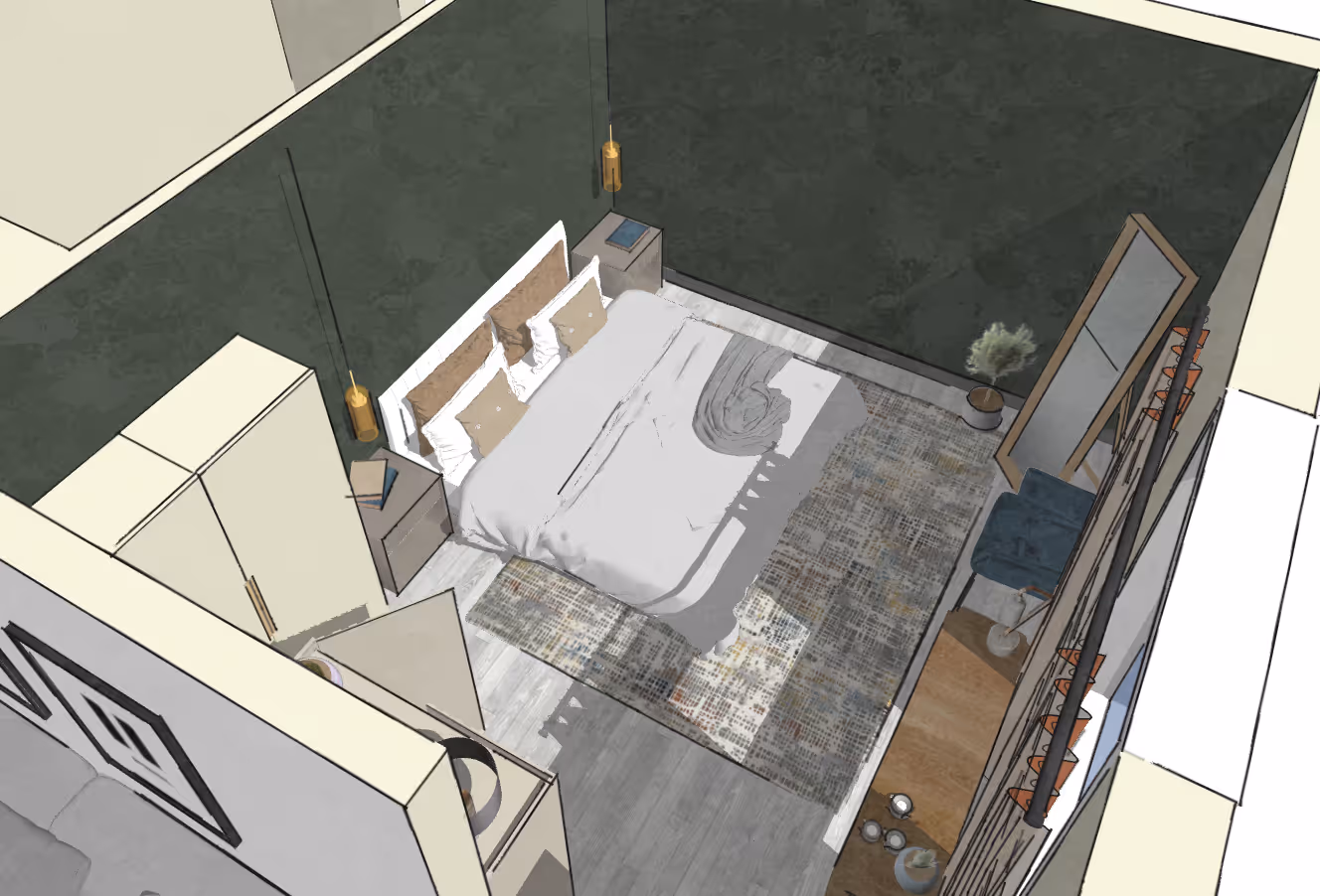 Top-down view of a modern bedroom with a double bed, patterned rug, dark green accent wall, bedside tables with hanging lamps, a large mirror, and a chair.