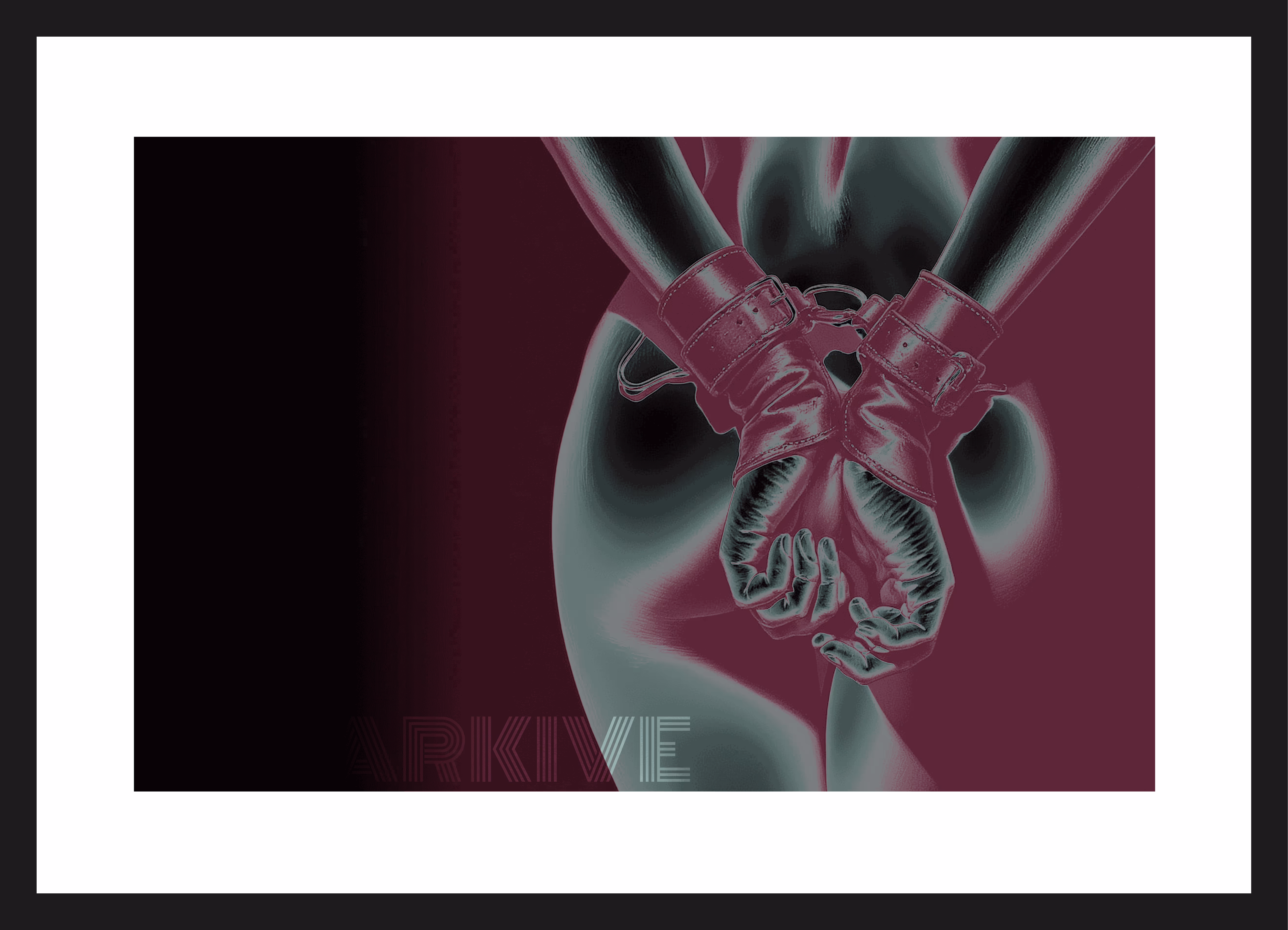 Back view of a person with hands cuffed behind their back wearing leather gloves in artistic negative color style.