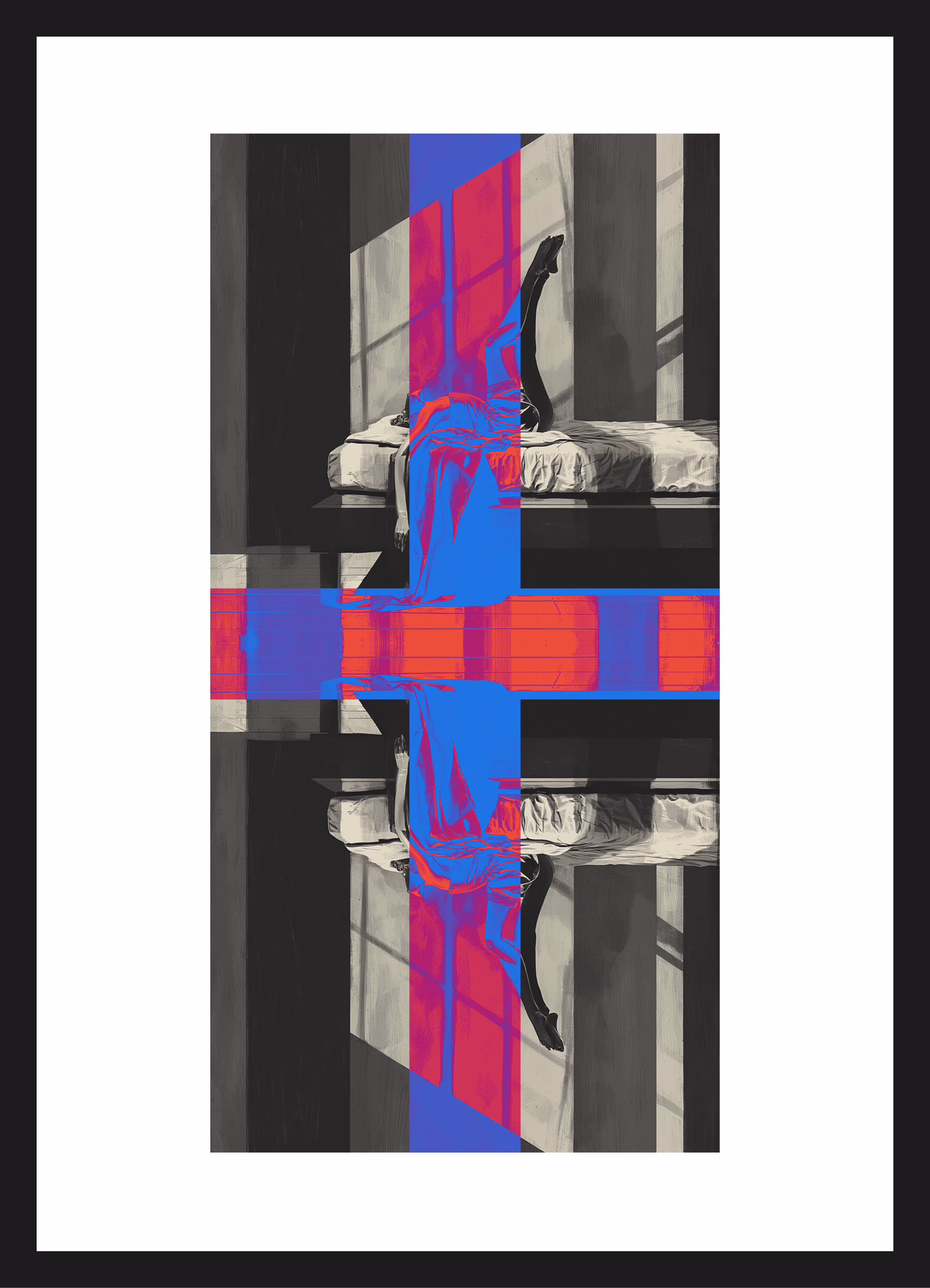 Artistic depiction of a person lying on a bed with legs raised vertically, featuring vibrant blue and red abstract overlays and symmetrical reflection below.