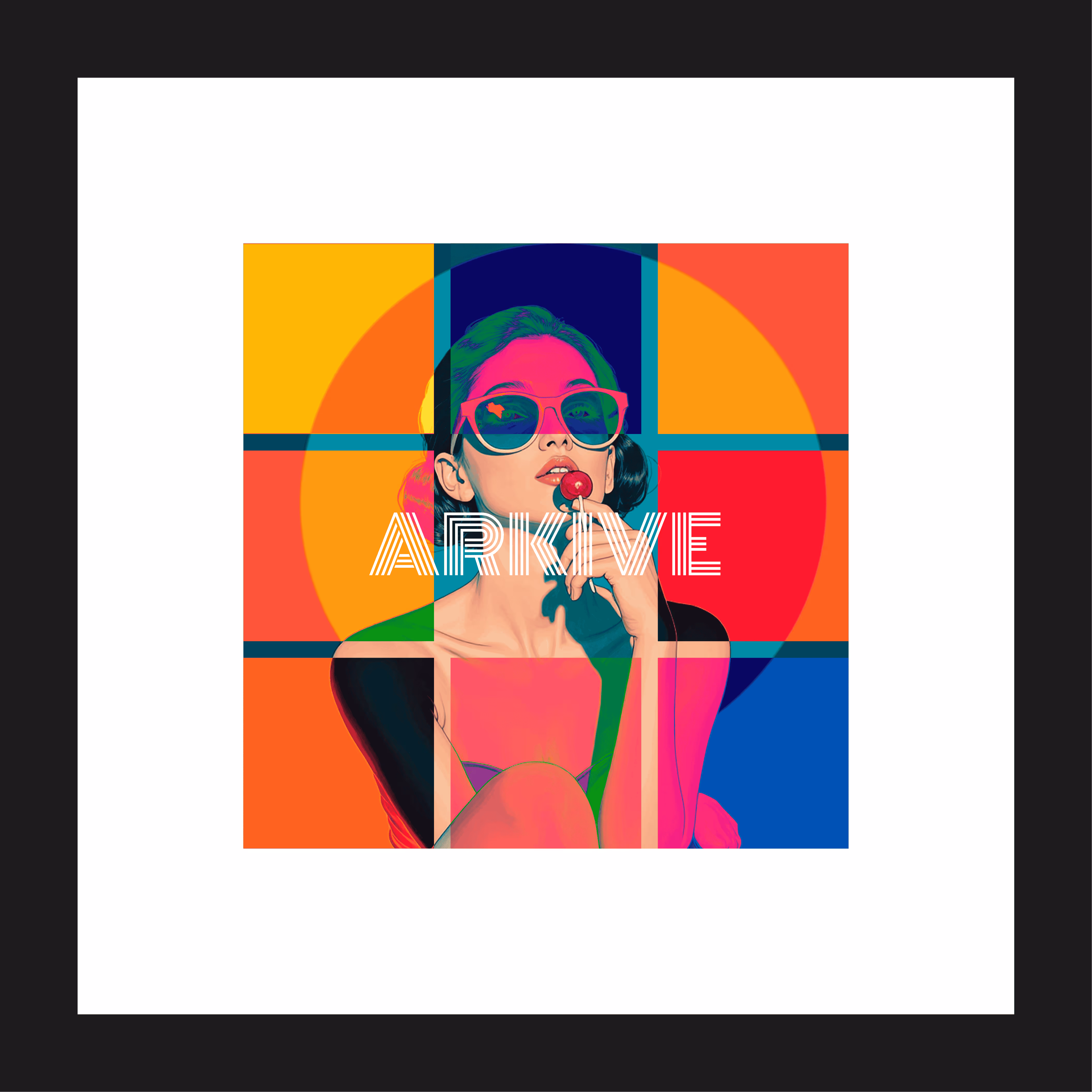 Colorful pop art-style portrait of a woman wearing sunglasses and holding a cherry near her lips with 'ARKIVE' text overlaid.