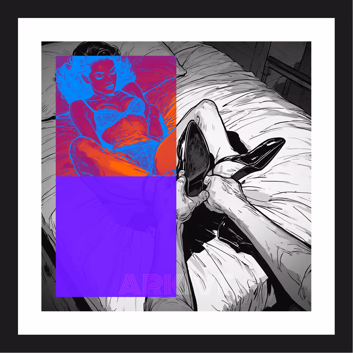 Black and white sketch of a person lying on a bed while another person puts on high-heeled shoes, with a colorized overlay of a woman in lingerie lying down.