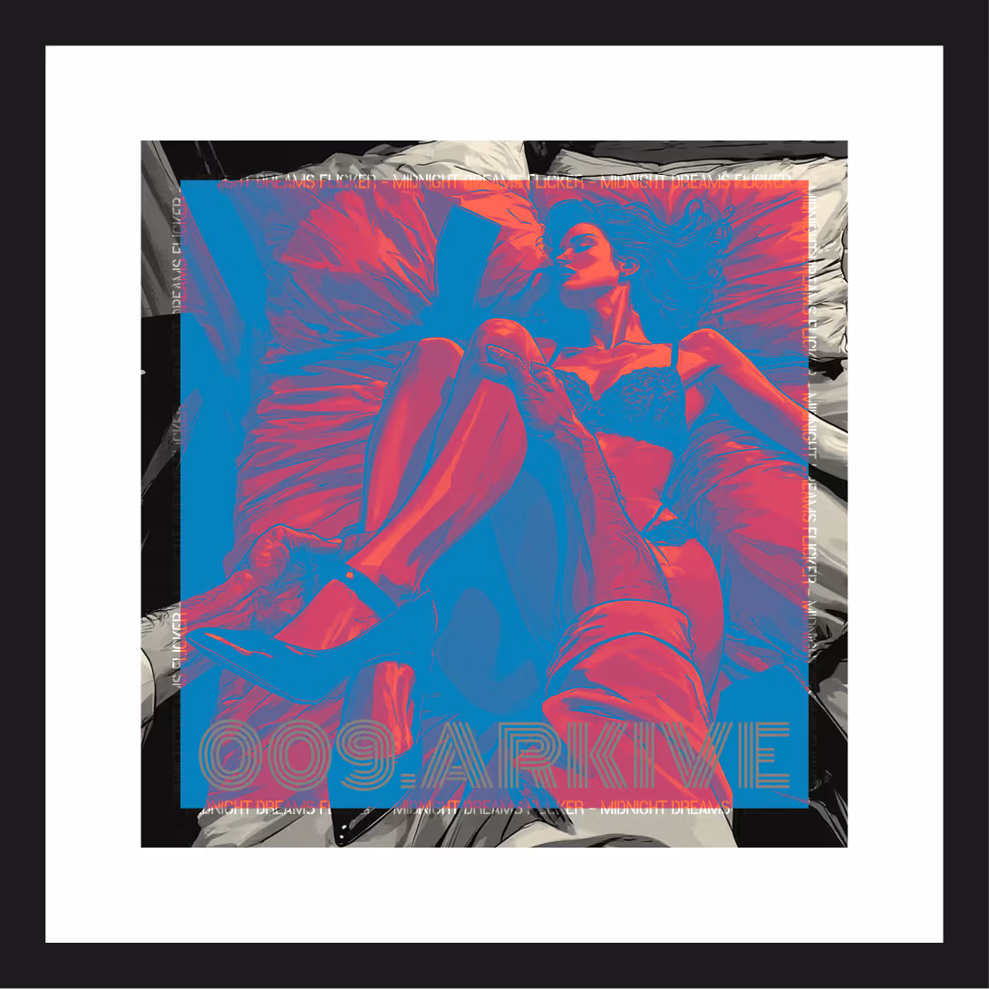 Stylized artwork of a woman in lingerie lying on a bed with legs crossed and high heels.