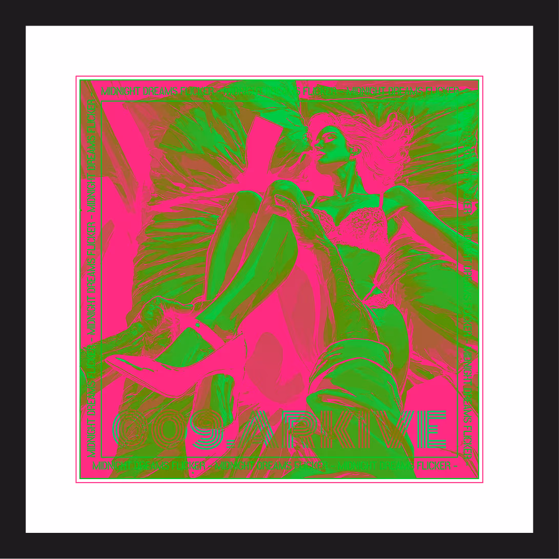 Illustration of a relaxed couple lying on a bed with the woman in lingerie and the man holding her leg, titled '009: ARKIVE' with repeated text 'MIDNIGHT DREAMS FLICKER' around the border.