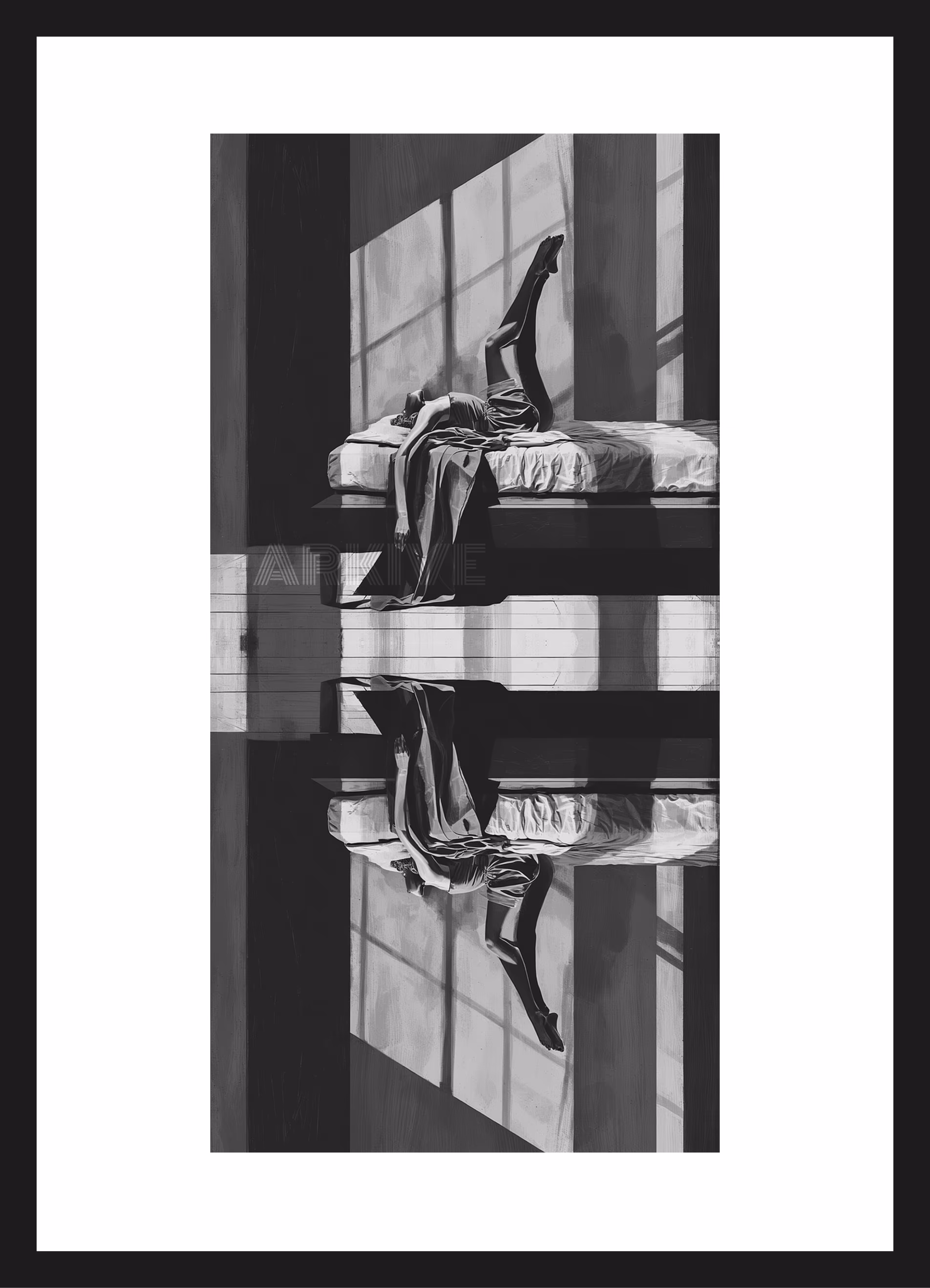 Black and white image of a woman lying on a bed with one leg raised, reflected on a shiny floor beneath.