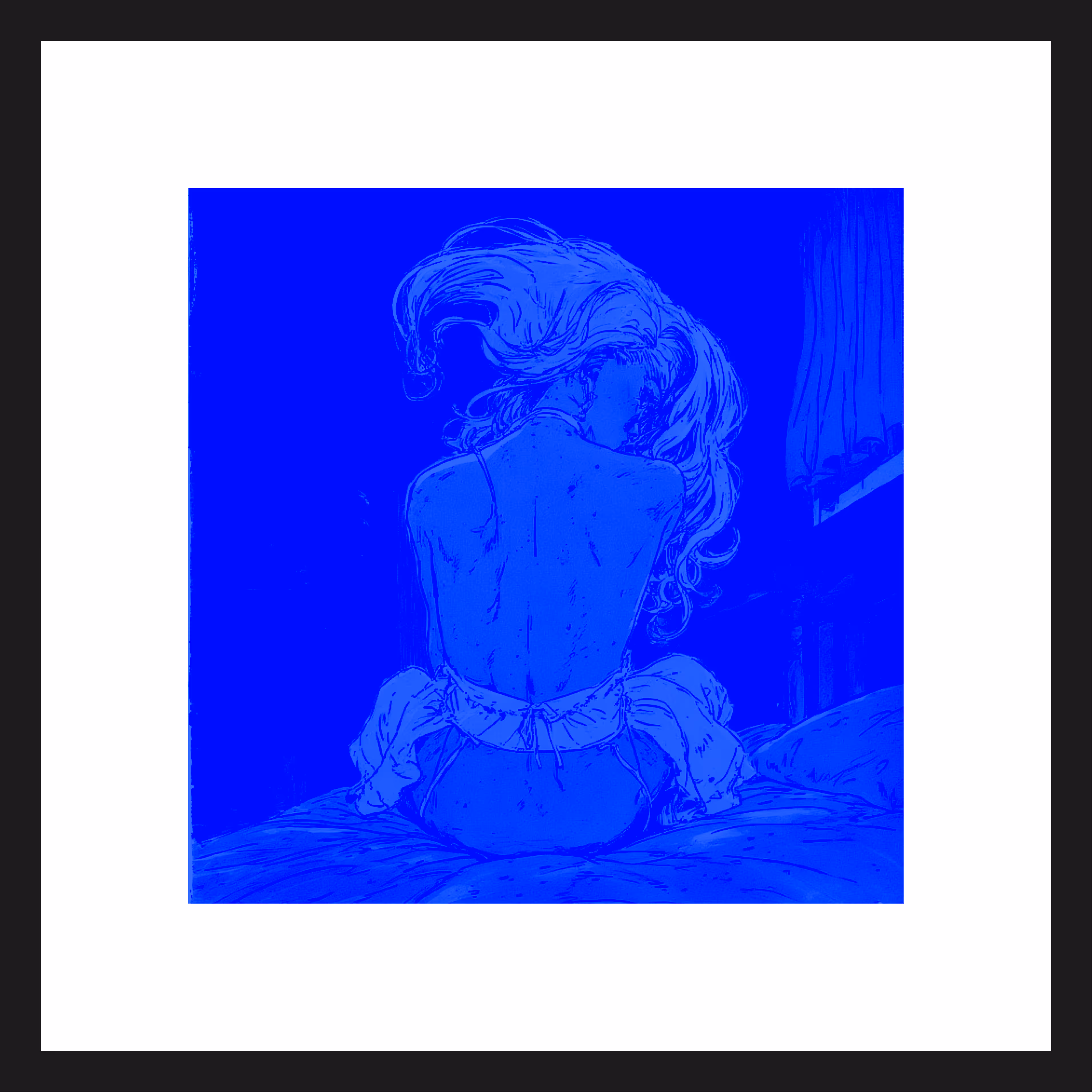 Illustration of a woman with long flowing hair sitting on a bed, facing away, with her back exposed and a curtain in the background.