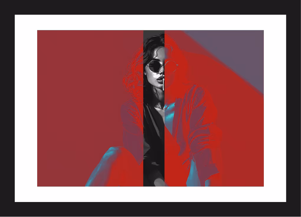 Artistic portrait of a woman wearing round sunglasses with red and black graphic overlay.