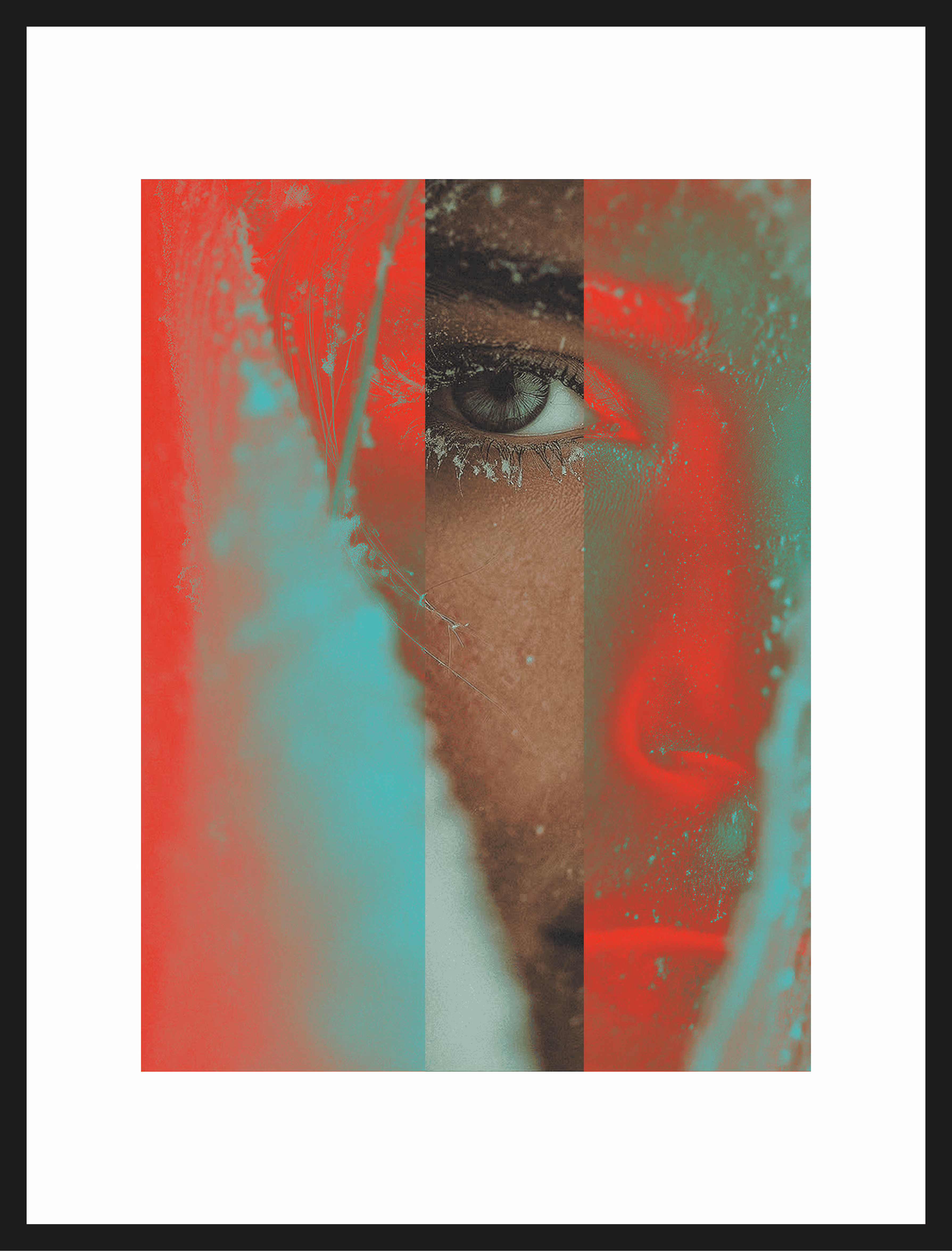 Close-up of a person's eye and part of the face with artistic red and green overlay.