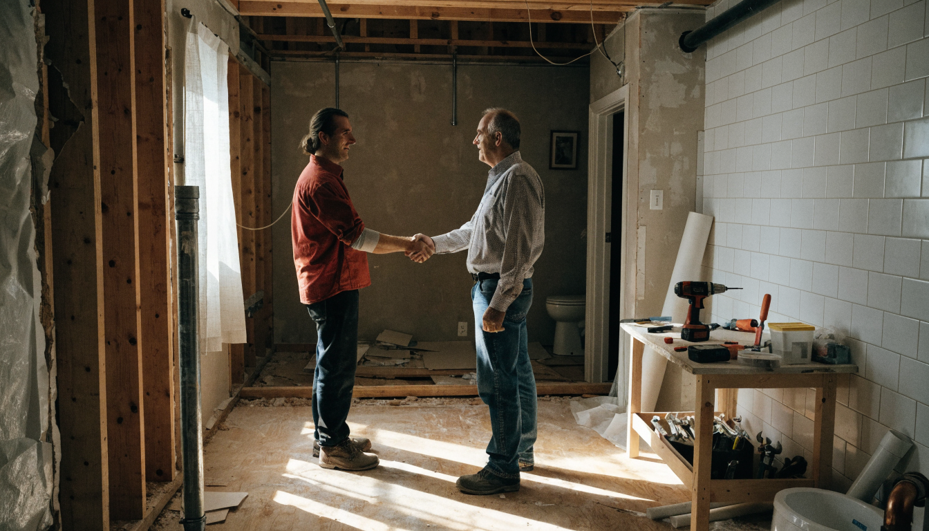 Contractor and homeowner shaking hands in a bathroom mid-renovation