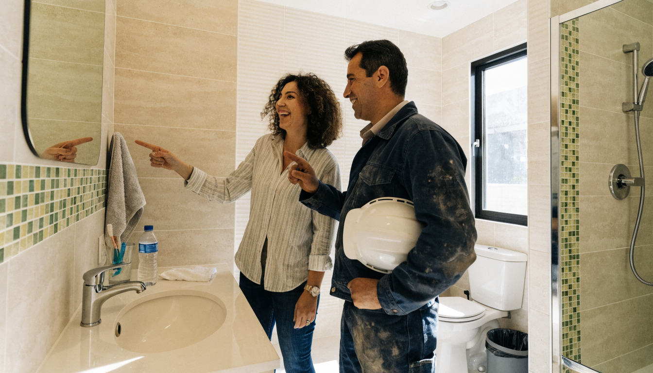 Contractor and homeowner doing a final walkthrough of a completed bathroom