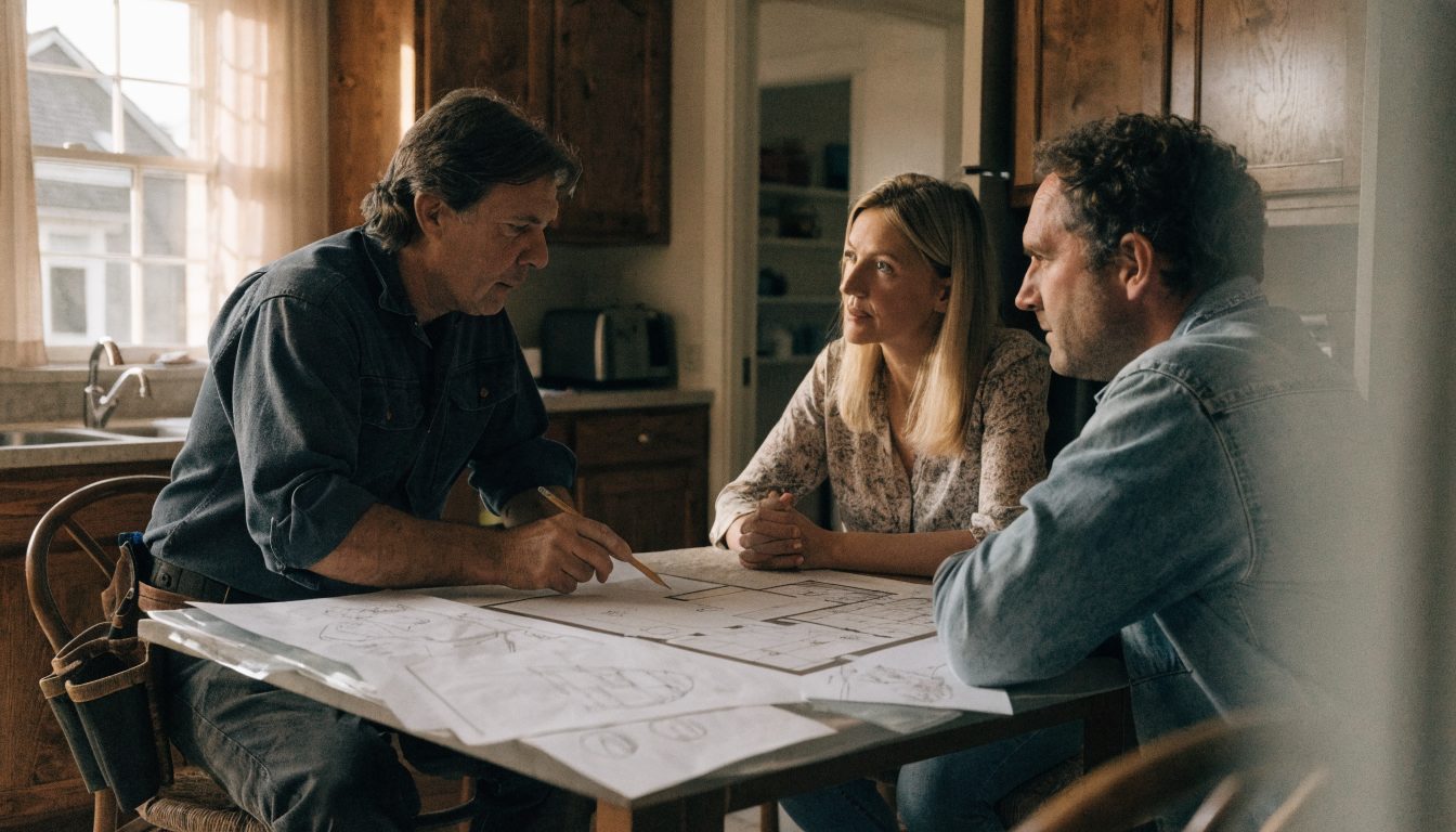 Contractor reviewing home addition drawings at a kitchen table with Ottawa homeowners