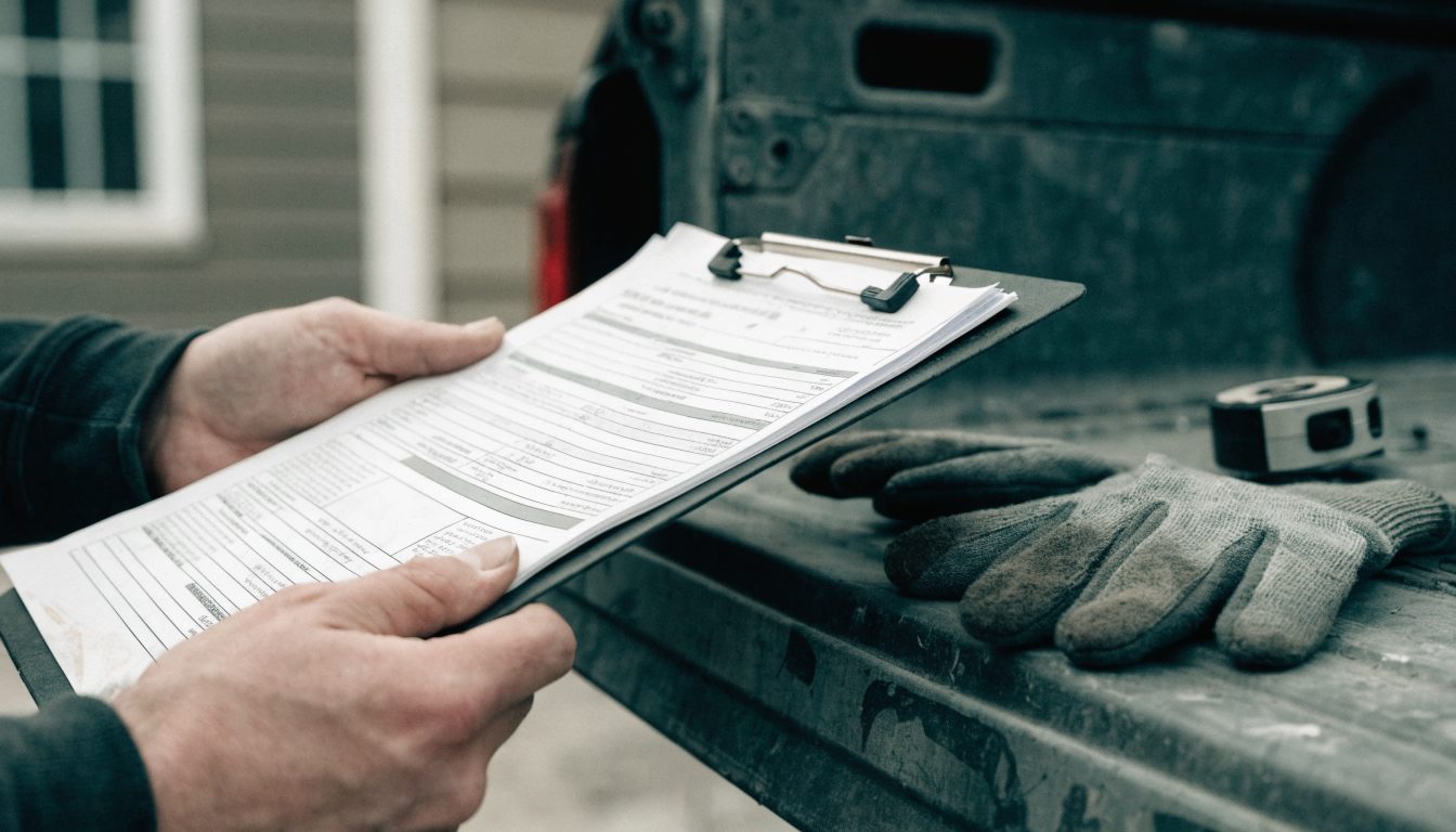 Contractor insurance and WSIB clearance paperwork on a truck tailgate at a job site