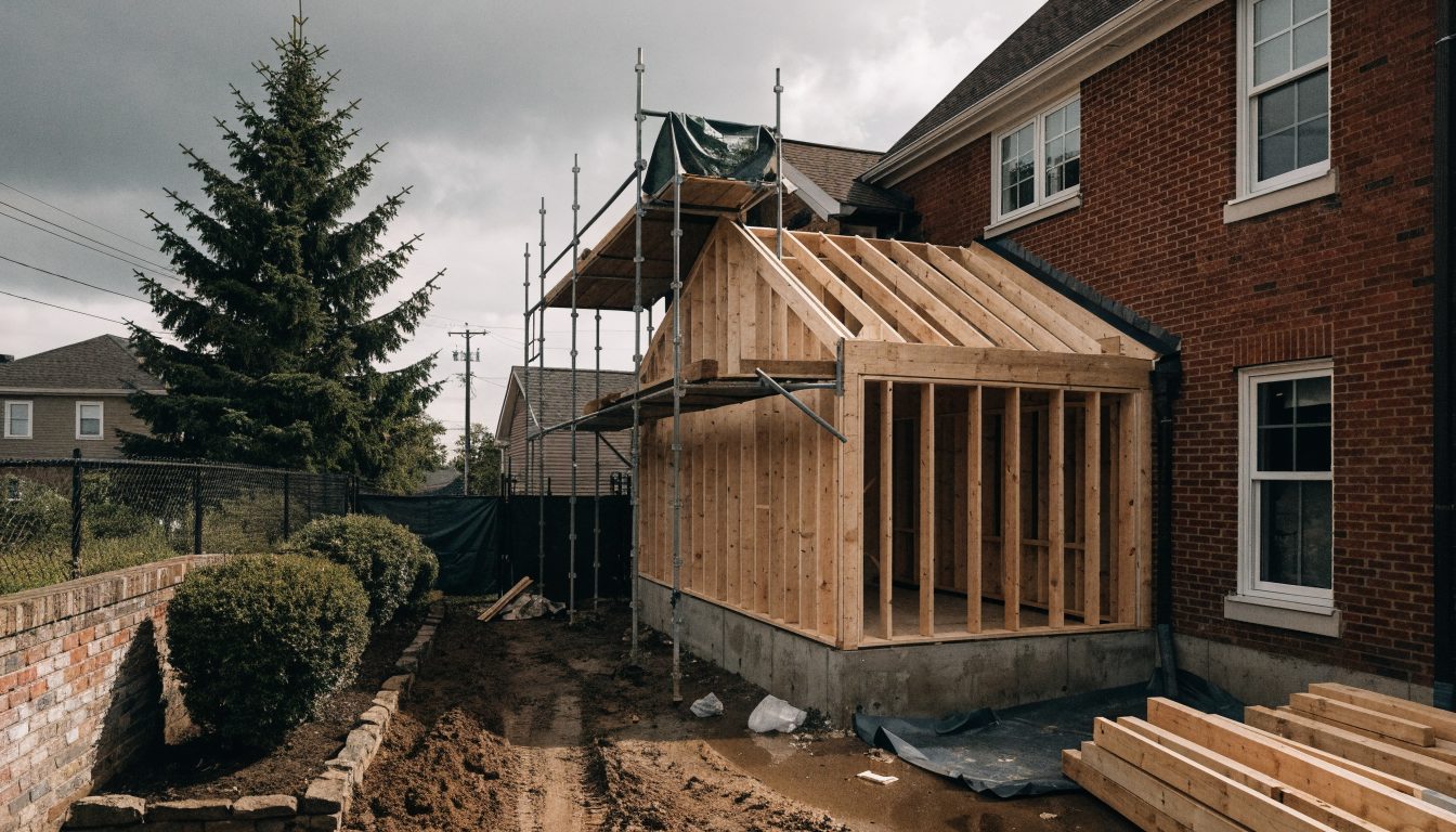 New wood-framed home addition under construction attached to an existing brick house