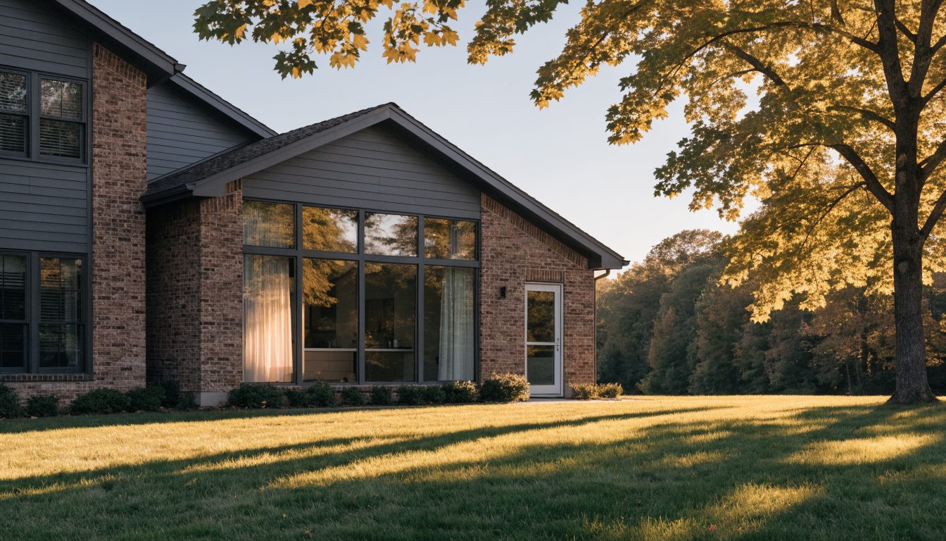 Completed rear home addition with large windows seen from the backyard