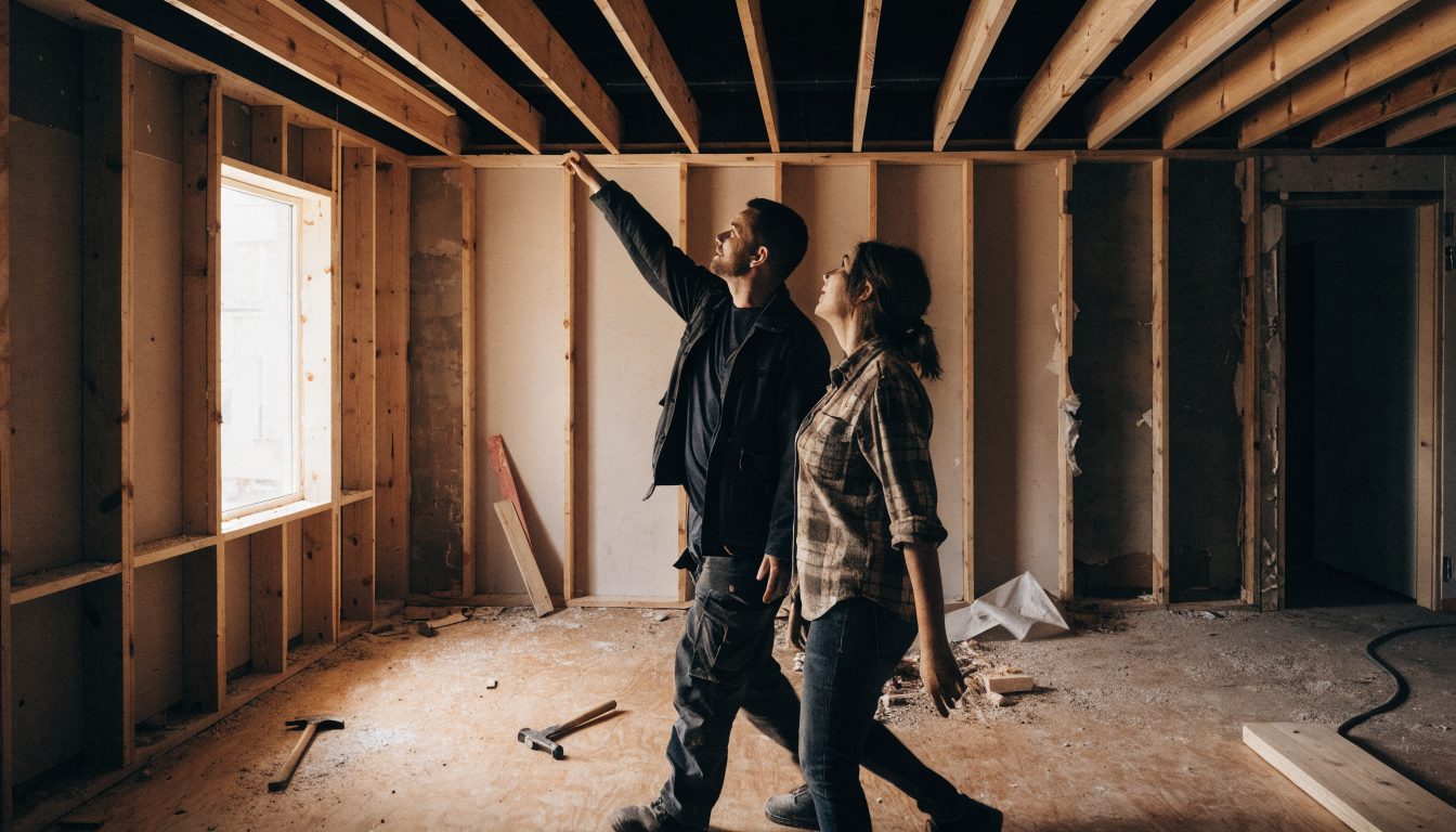 Renovation contractor and homeowner walking through a stripped-down room during a site visit
