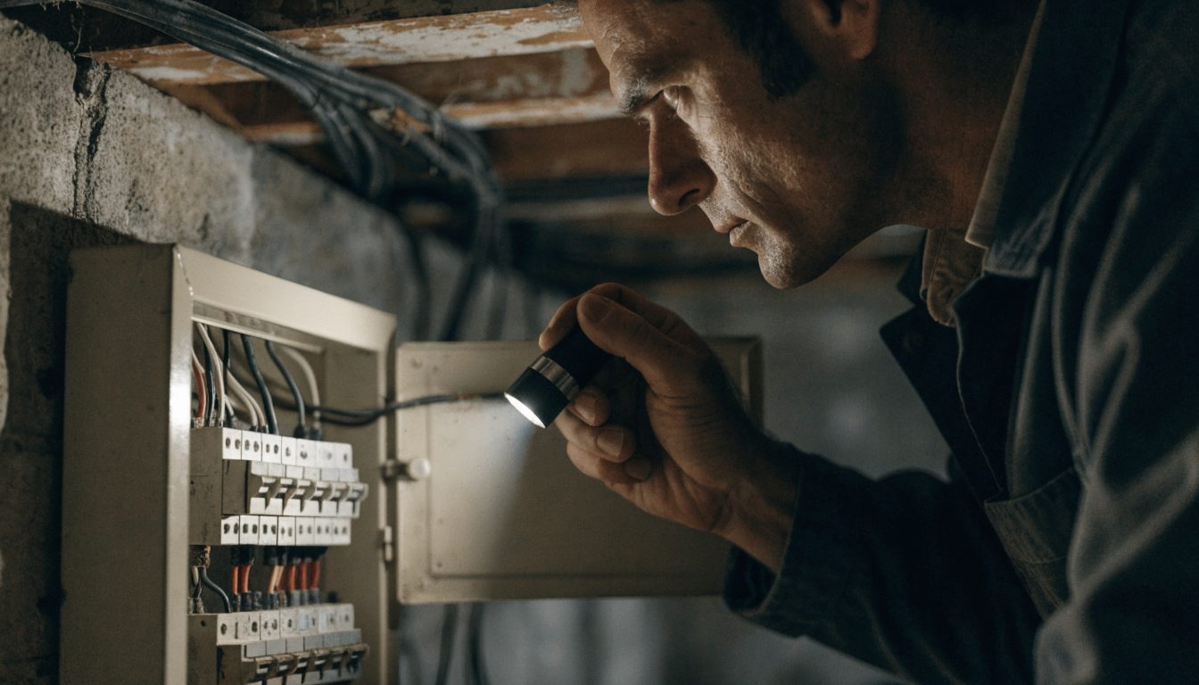 Contractor inspecting an open electrical panel in an older Ottawa home basement