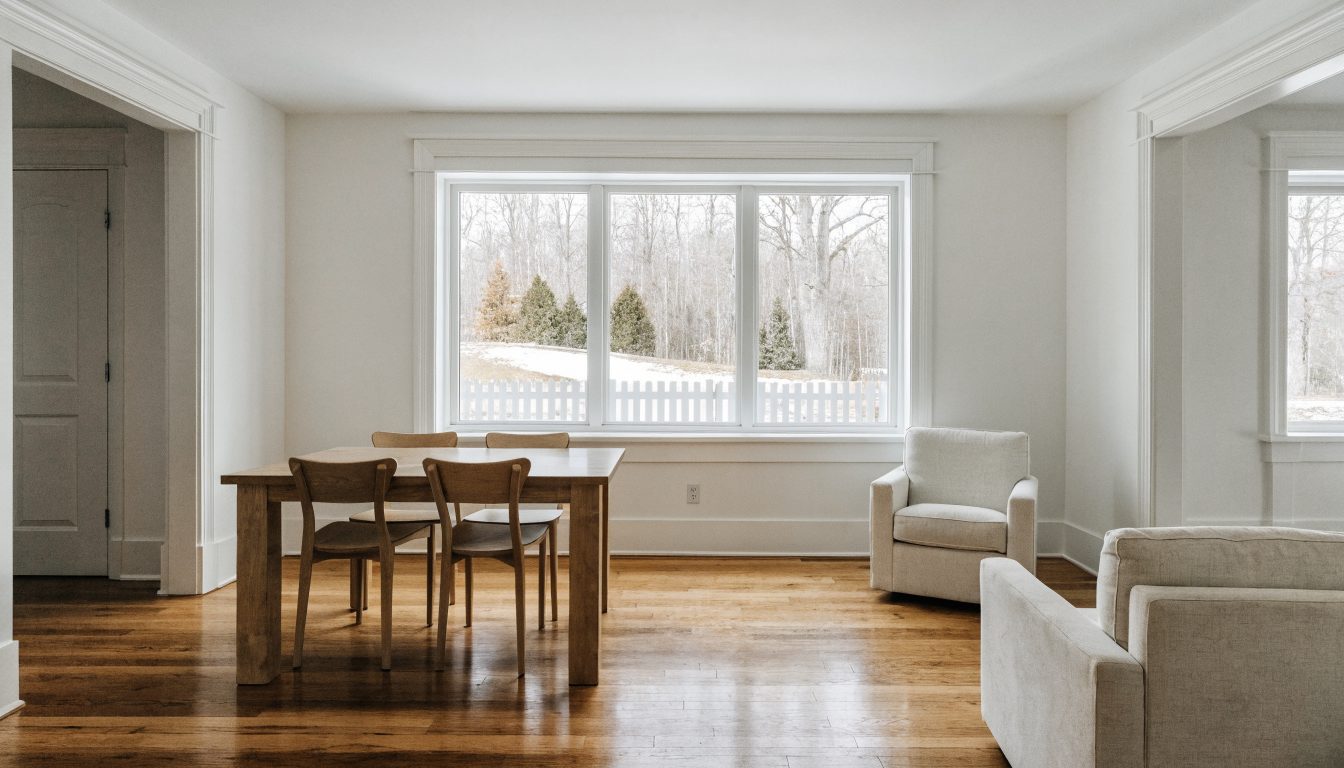 Finished open-plan renovated living and dining space with new hardwood floors