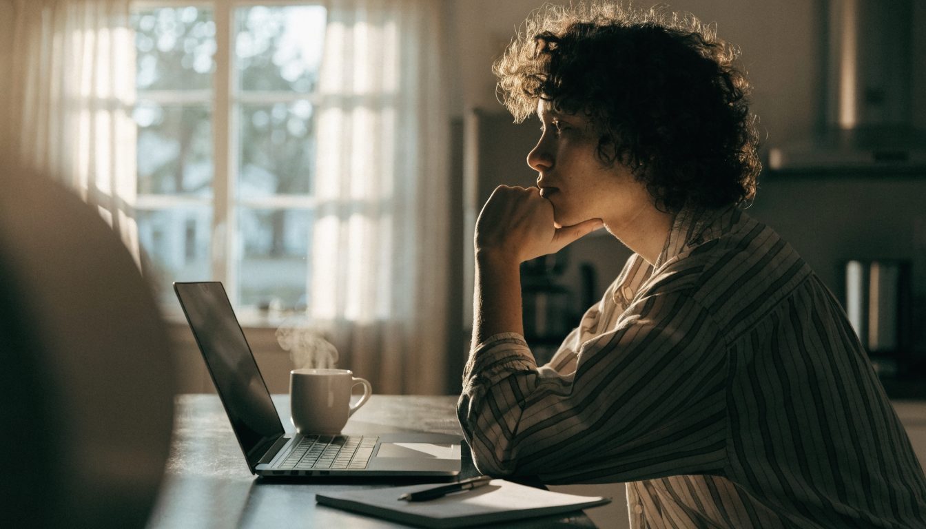 Homeowner researching Ottawa general contractors on a laptop at a kitchen counter