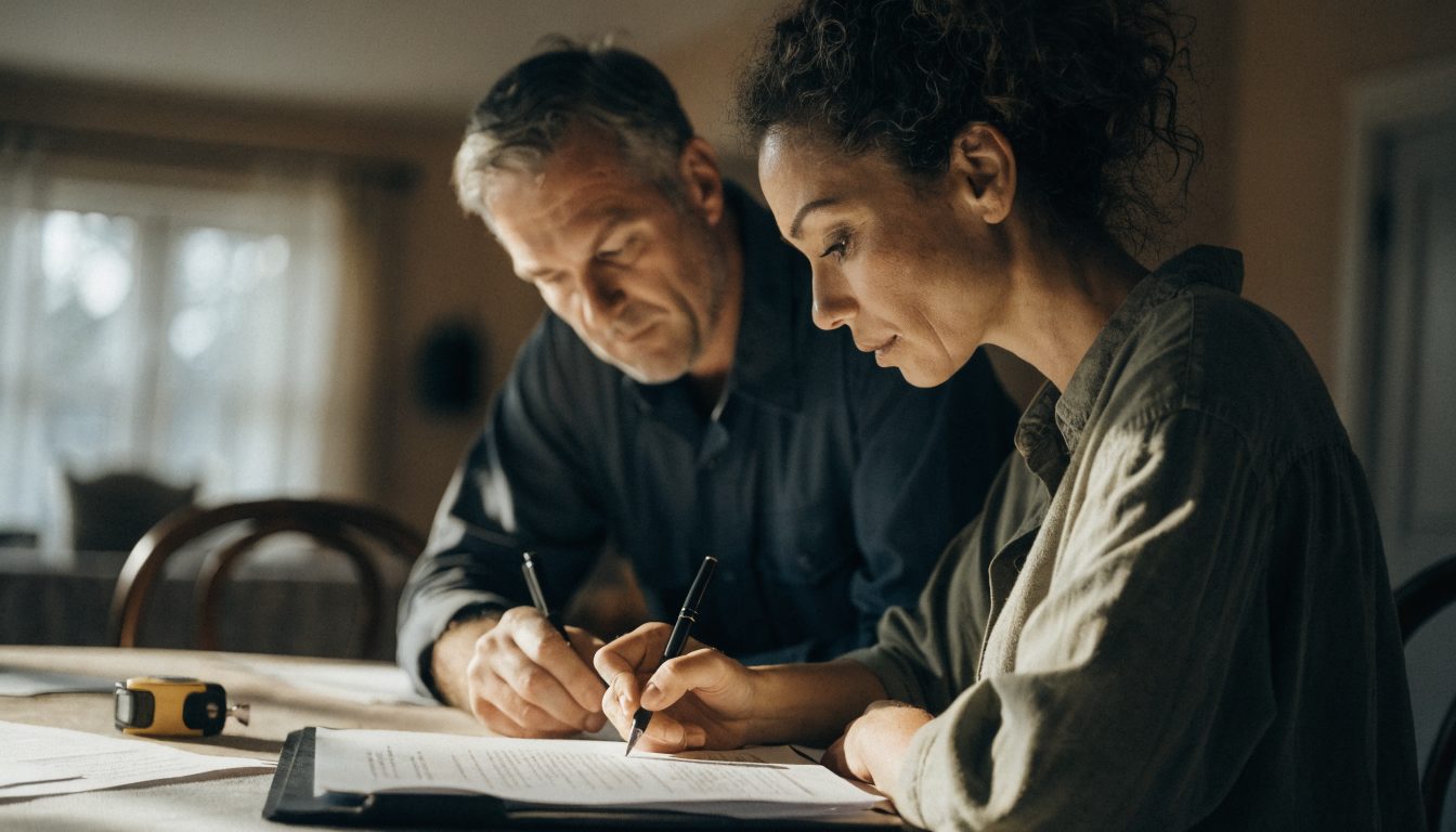 Homeowner and general contractor signing a renovation contract at a table