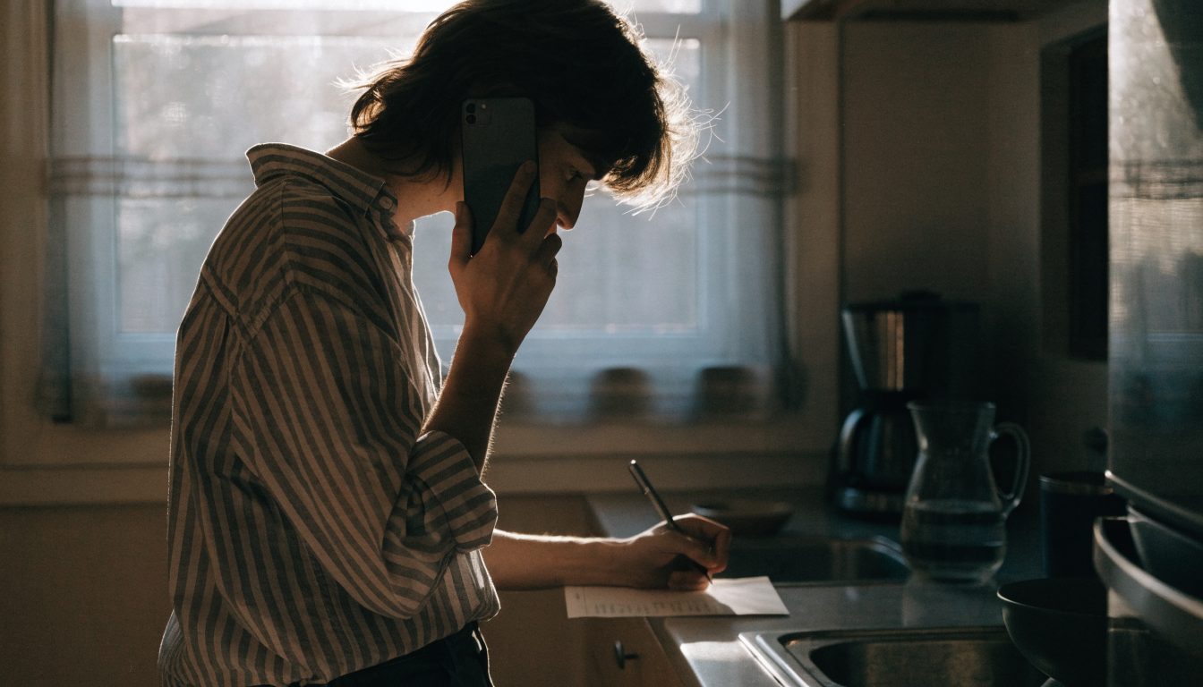 Homeowner on the phone taking notes while calling a contractor reference