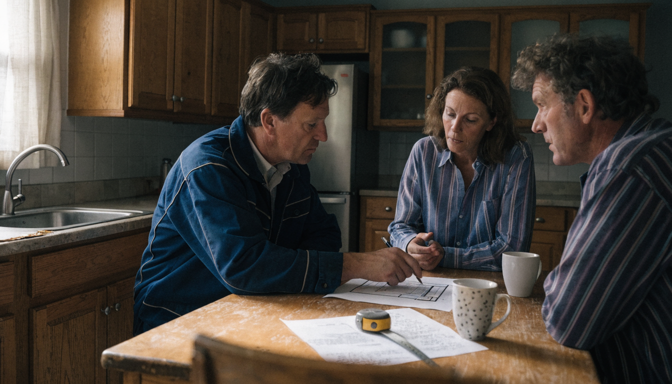 Ottawa homeowners reviewing a written kitchen renovation scope with a general contractor at their kitchen table