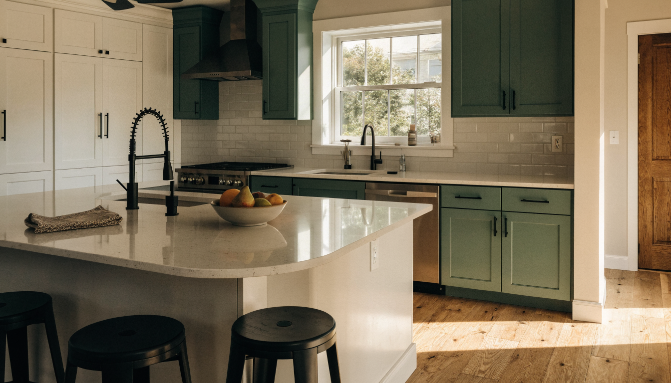 Finished kitchen renovation with two-tone shaker cabinets, a quartz island and oak flooring