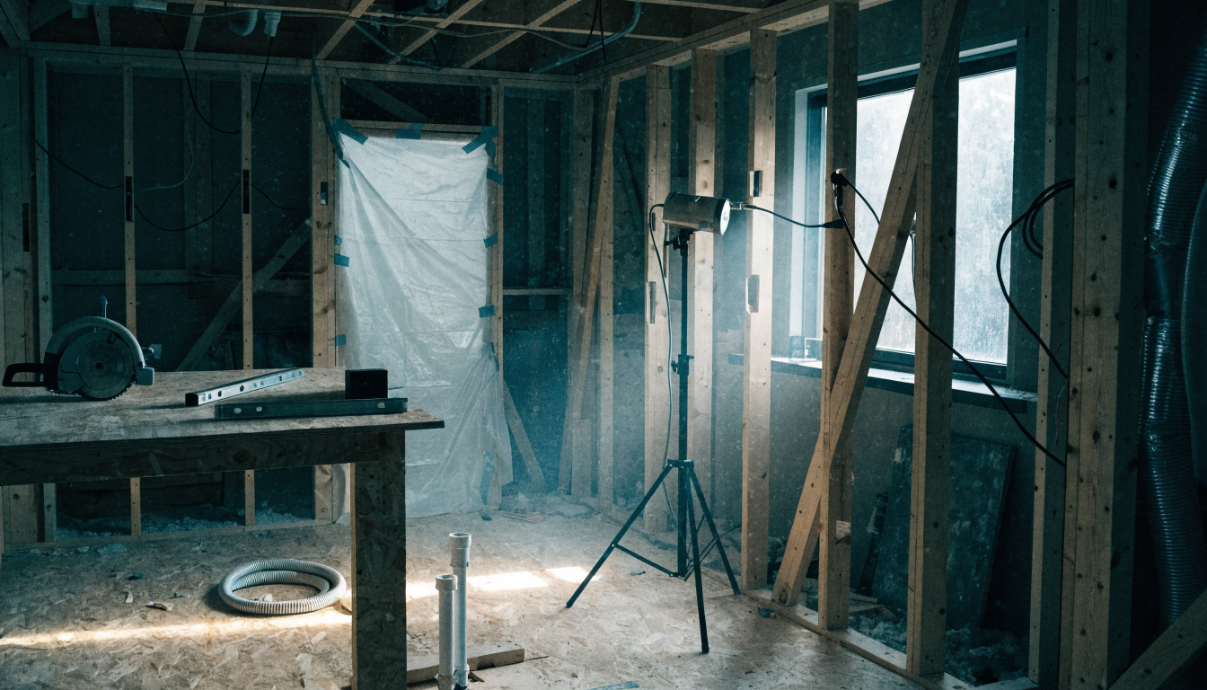 Kitchen gutted to the studs with new electrical rough-in and relocated plumbing during an Ottawa renovation