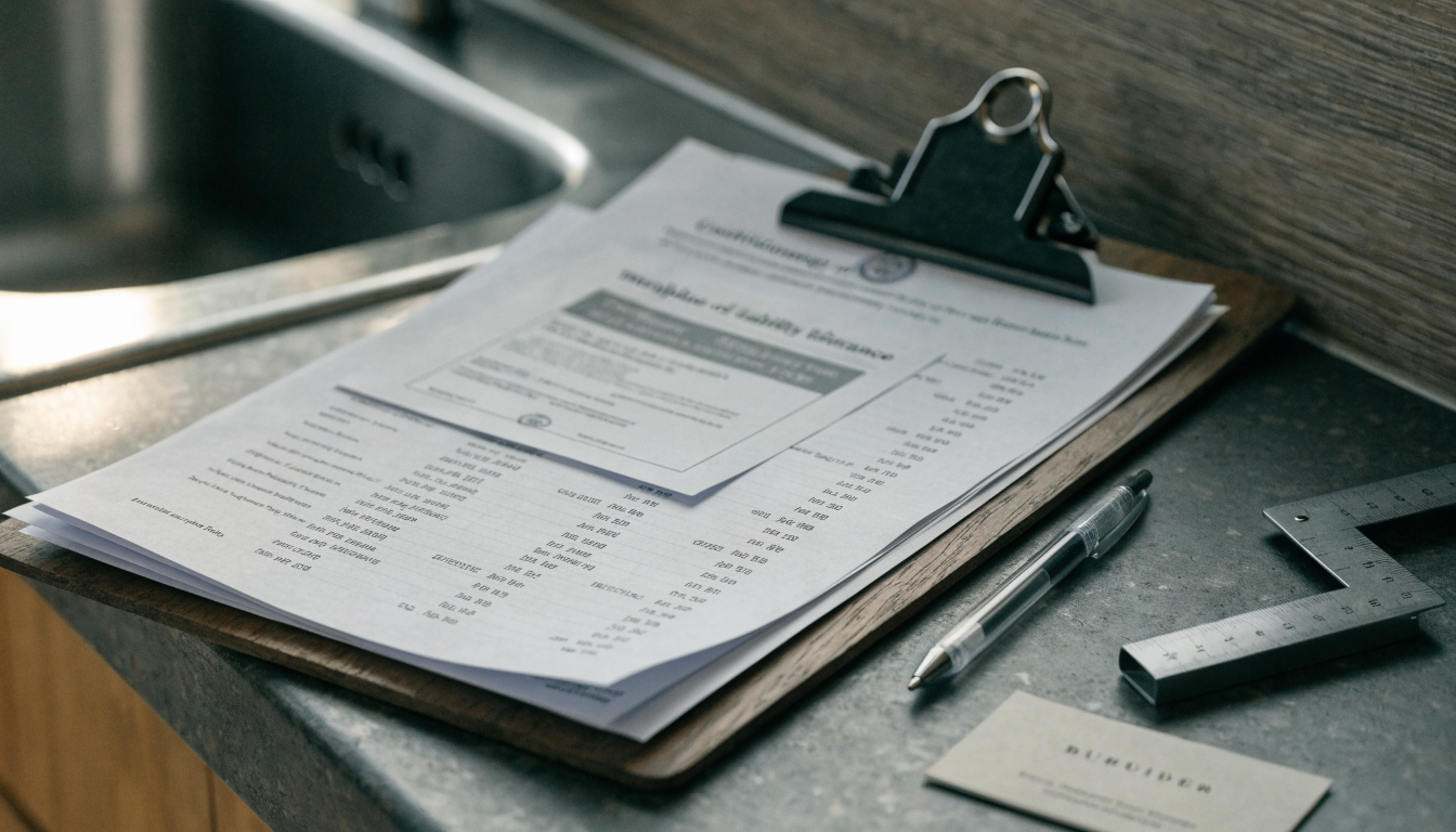 Contractor insurance certificate, WSIB clearance and a line-itemized kitchen renovation quote on a clipboard
