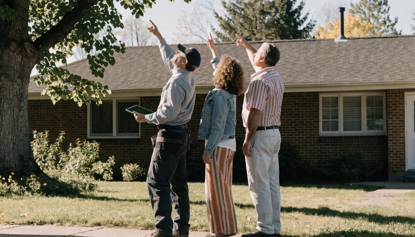 Contractor and Ottawa homeowners in the backyard discussing a second storey addition or rear extension