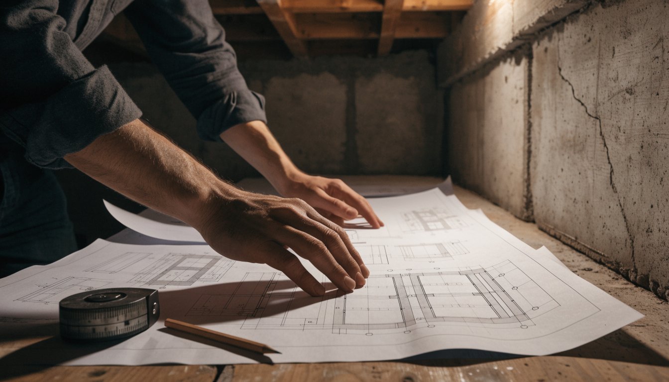 Structural engineer reviewing foundation and footing drawings before a second storey addition