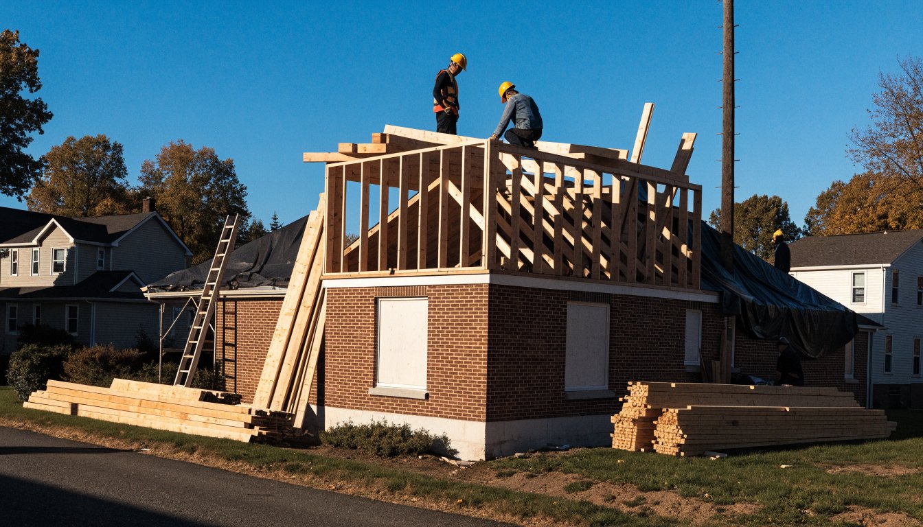 Carpenters framing a second storey addition on top of a brick bungalow in Ottawa
