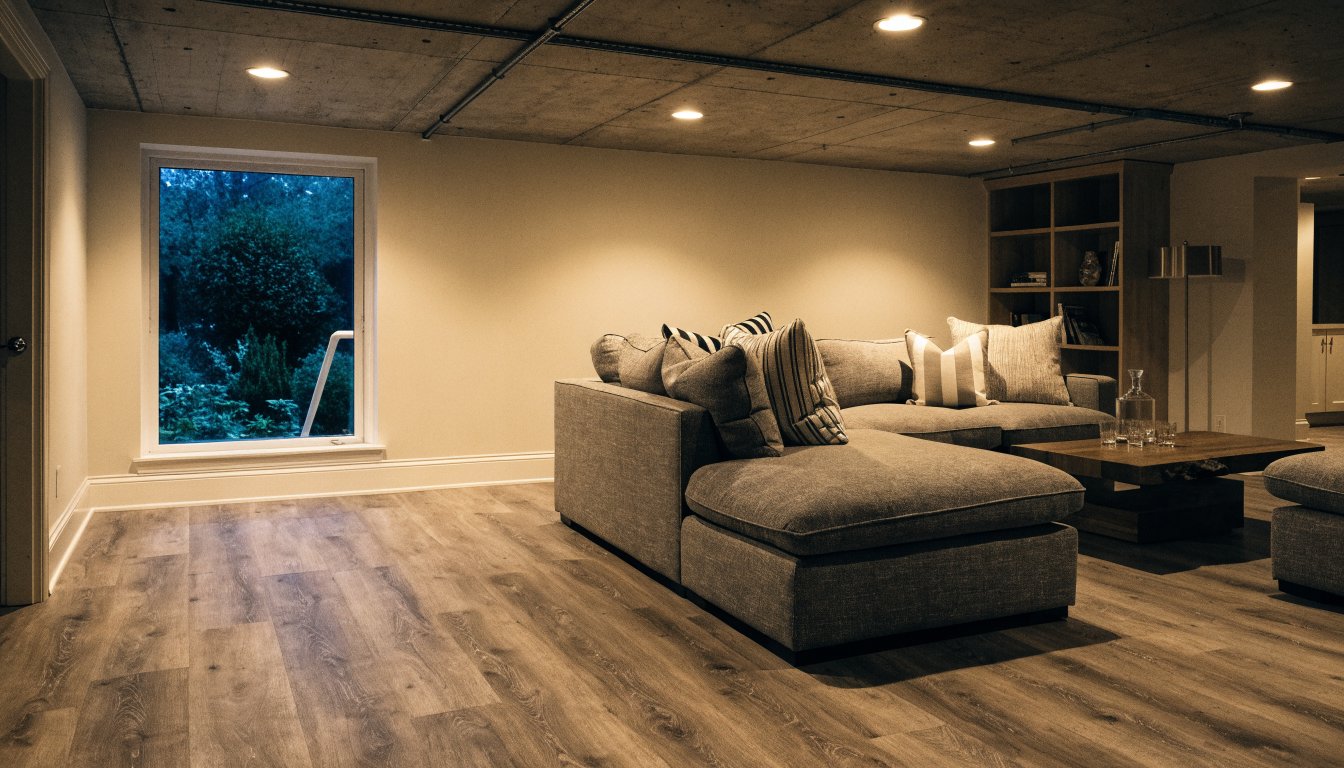 Finished basement family room completed with licensed electrical and plumbing work