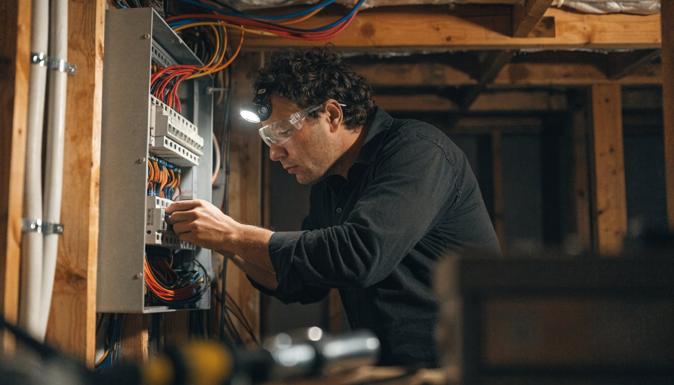 Licensed electrician working in a residential electrical panel during a basement renovation
