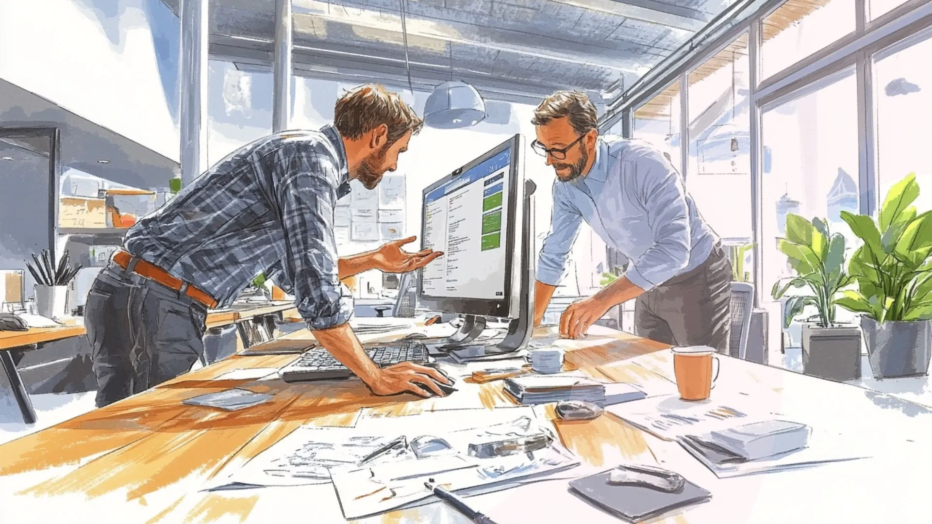 Hommes regardent documentation