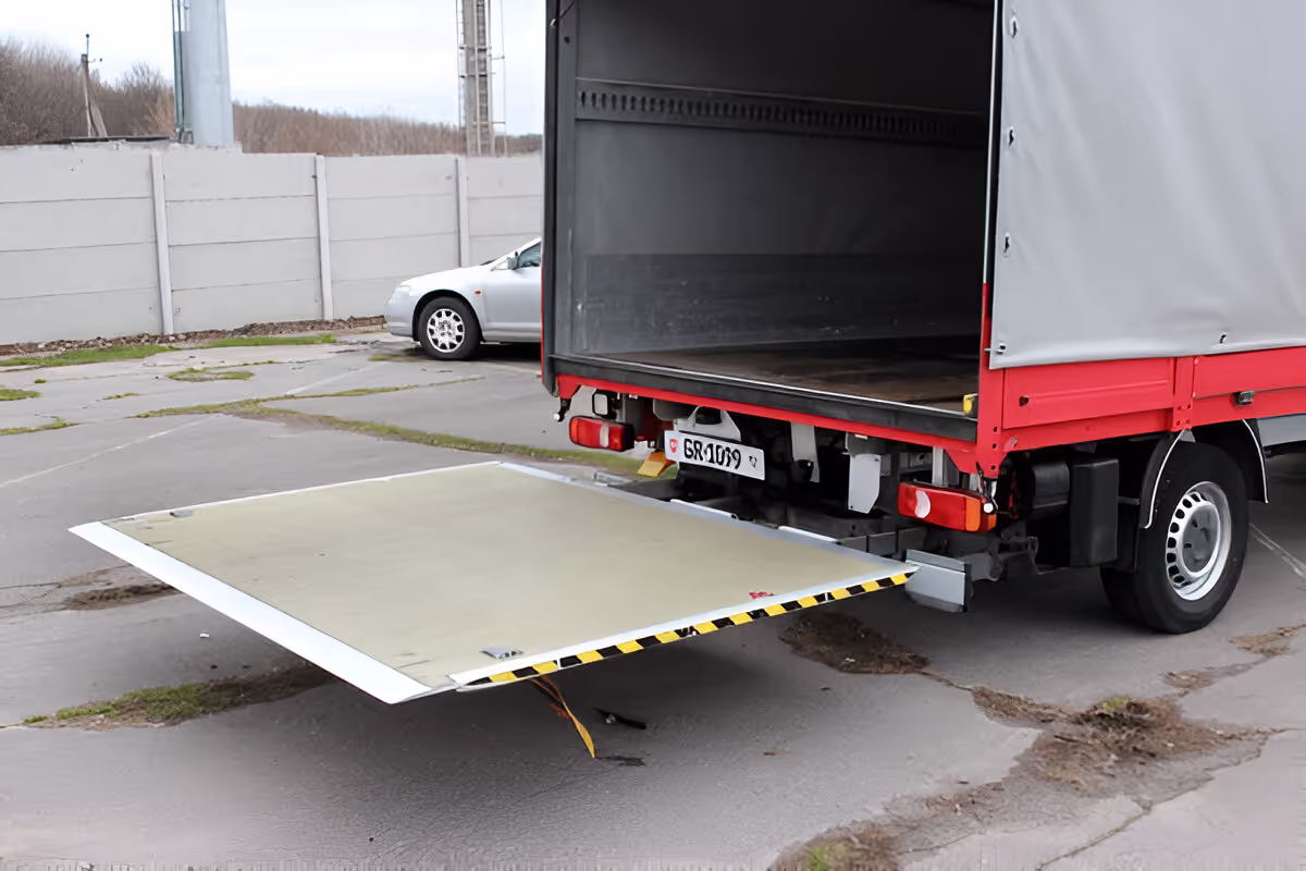 A delivery van with an open tail-lift. 